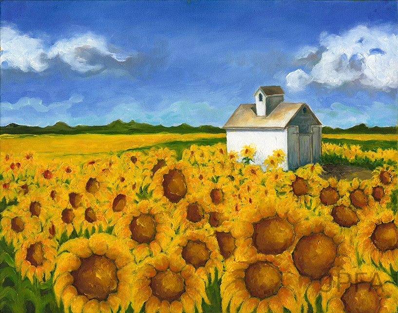 Sunflowers with Barn