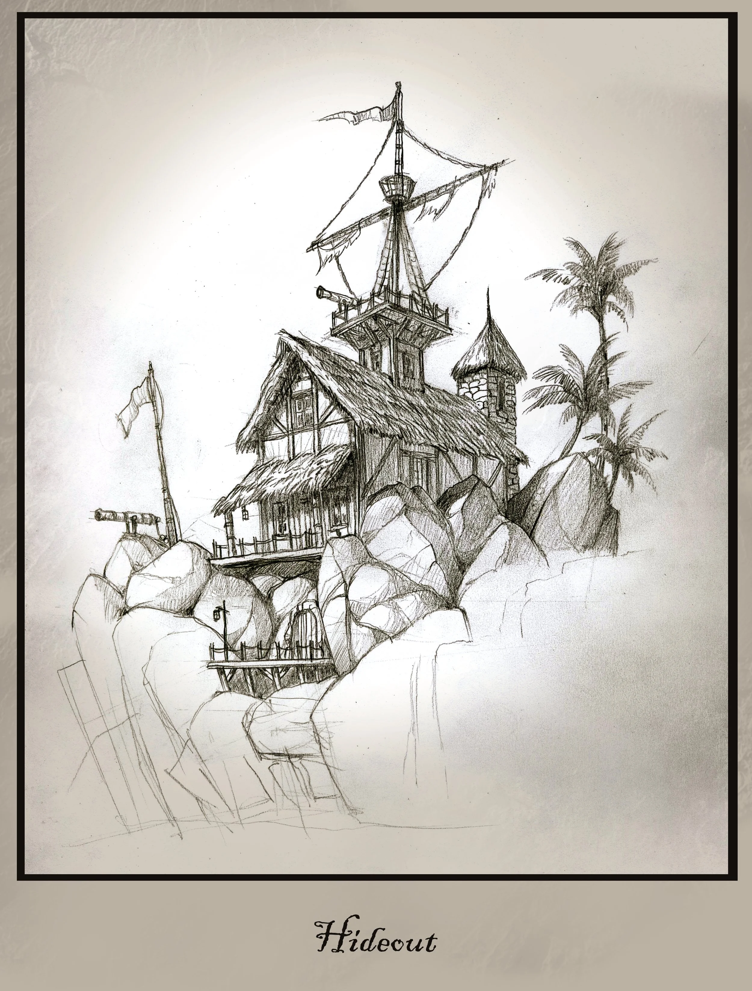 Sketch of a hideout building with a thatched roof, surrounded by large rocks and trees, with a pirate ship mast at the top.