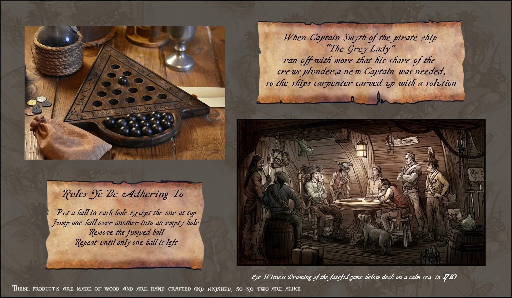 A vintage-style illustration showing a scene from a pirate-themed game involving a treasure map, a group of pirates, and a balance game involving balls in holes. The scene is set in a wooden cabin with pirates gathered around a table, some standing and some sitting, with a dog present. Additional items include a hanging lantern, a sign that reads 'Dock & Thieves,' and various nautical and pirate paraphernalia.