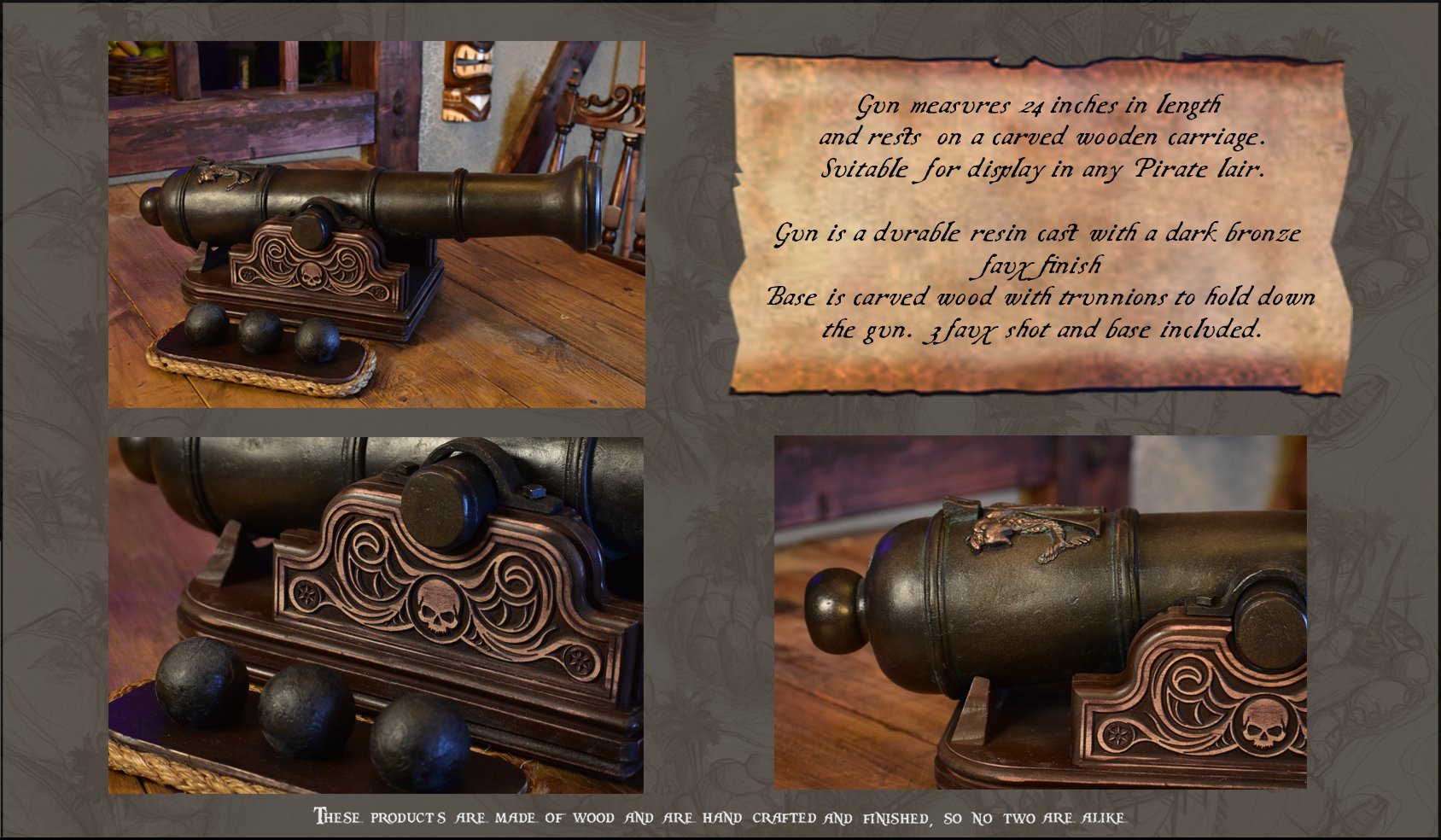 A vintage-style pirate cannon made of dark bronze resin with carved wood base, decorated with skull motifs, and three black cannonballs displayed on a wooden table.