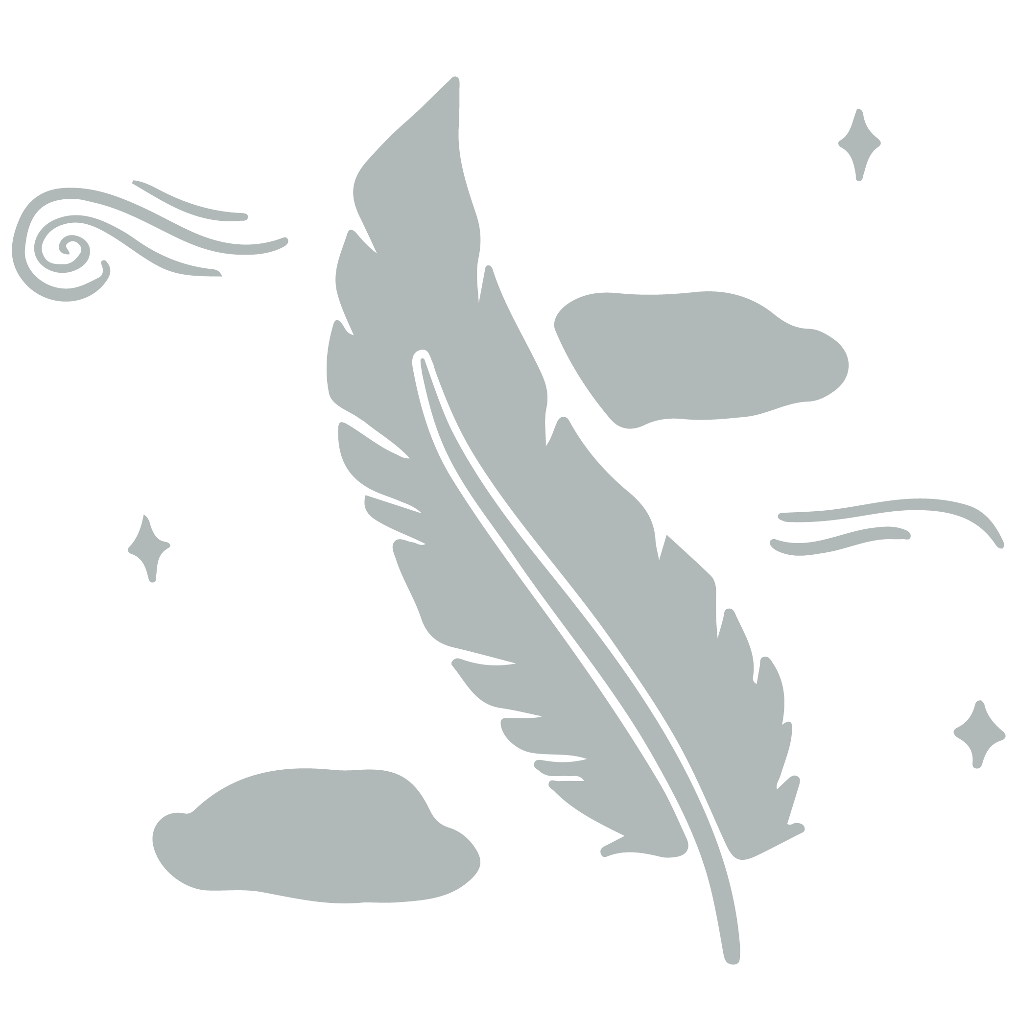 Feather floating among clouds and stars - representing Maman Cacao's value of integrity.