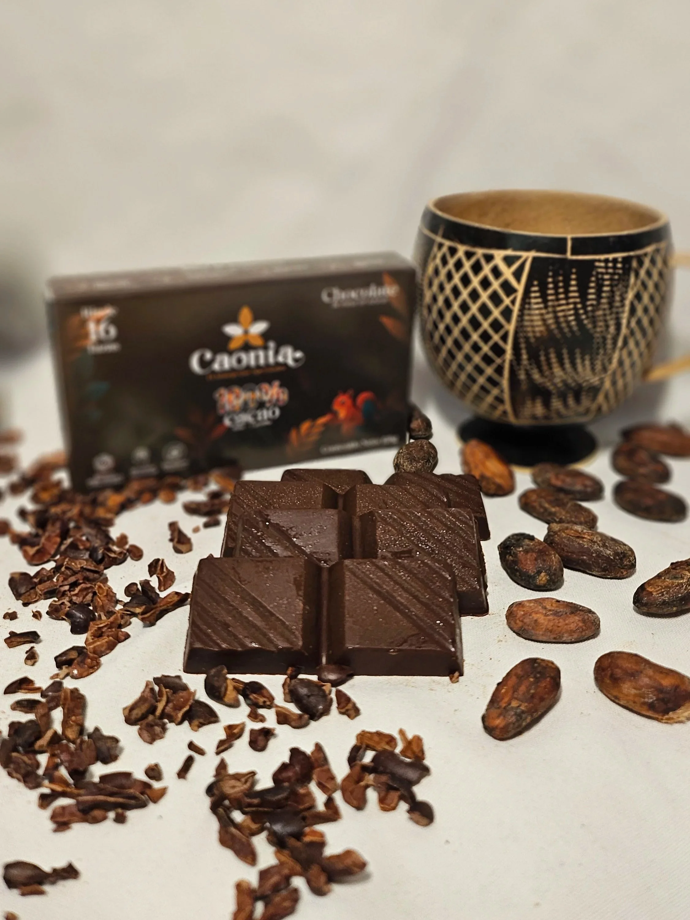 cacao bar surrounded by cacao beans with Caonia Cacao packaging in the background