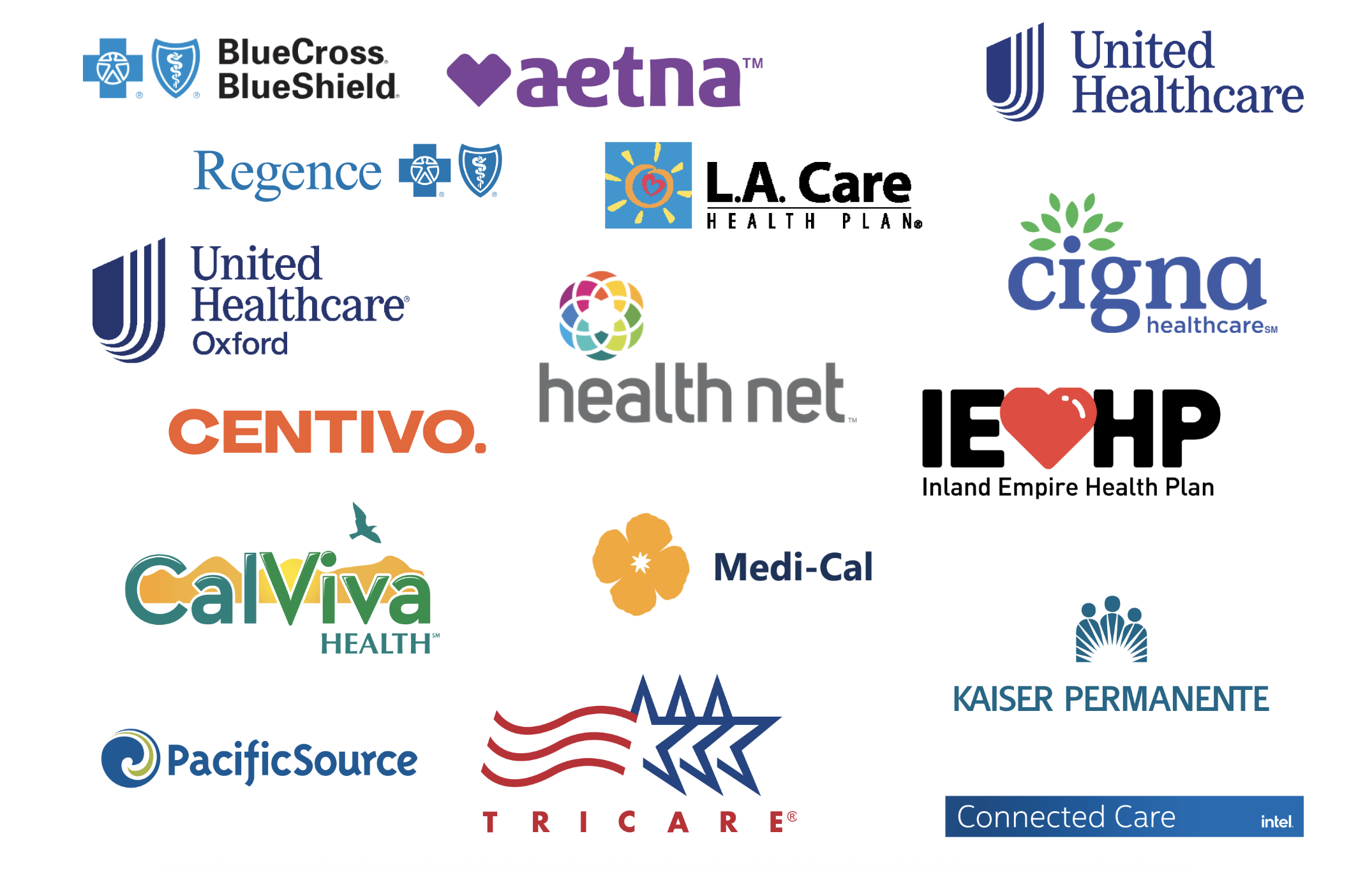 Collection of various healthcare company logos, including BlueCross BlueShield, Aetna, United Healthcare, Regence, L.A. Care, Cigna, Centivo, Medi-Cal, CalViva, Kaiser Permanente, and others.