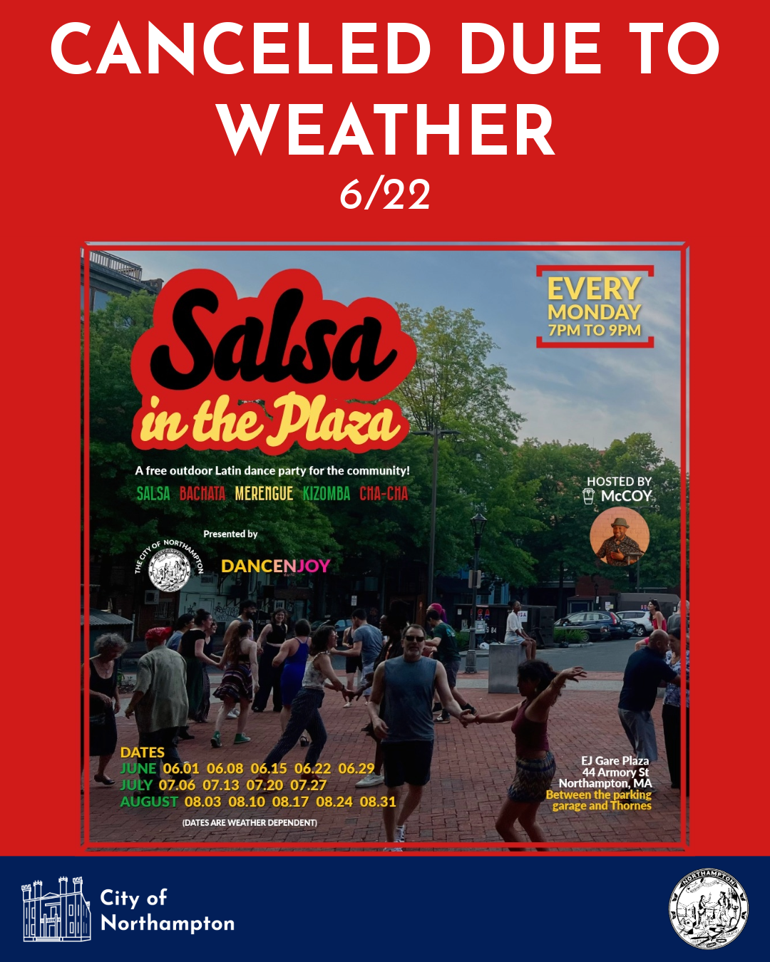 Salsa in the Plaza Canceled on July 13, 2026 Due to Weather