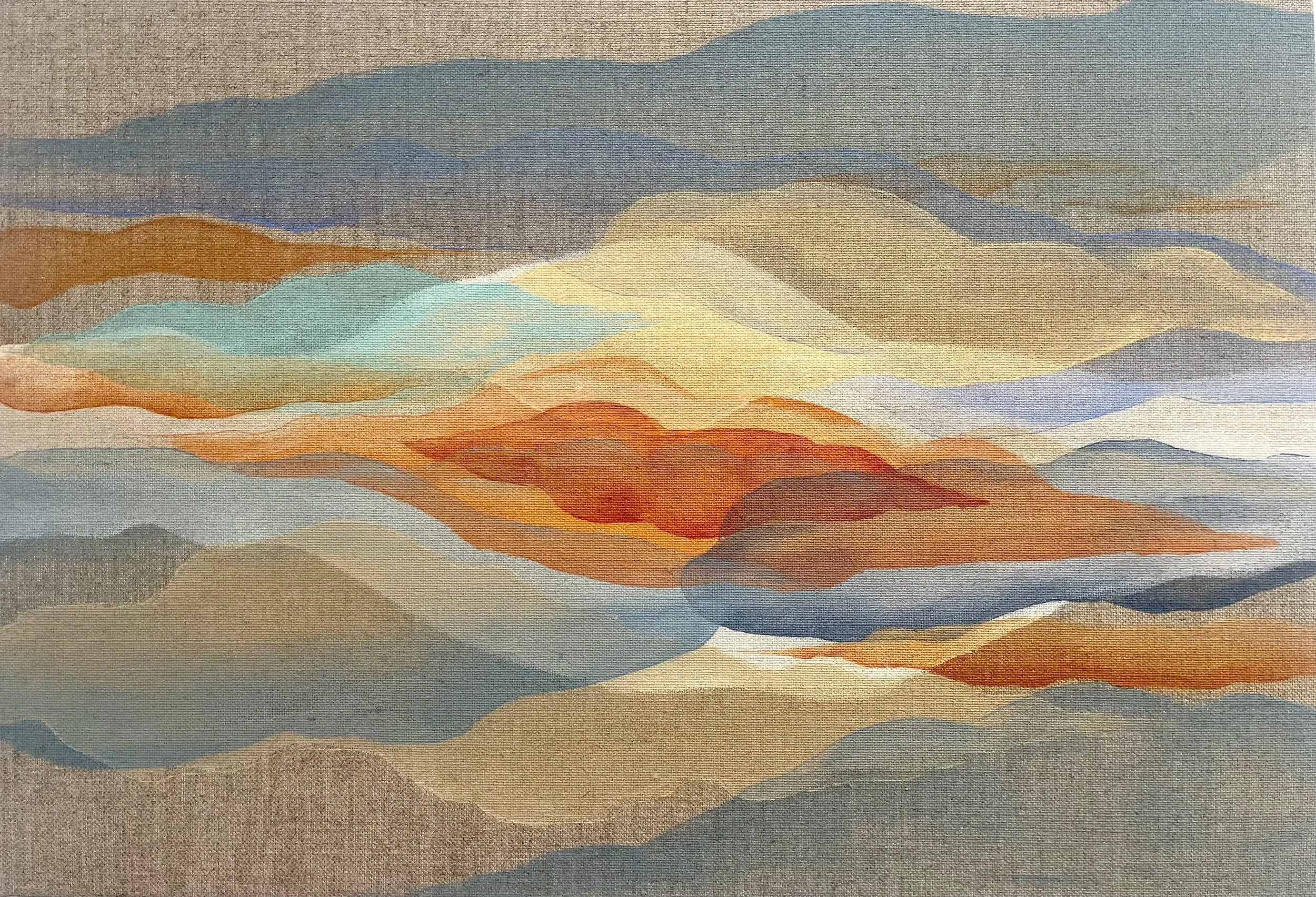 PAYSAGE DE BLEUS ET D'OCRES, 2026
Acrylique sur toile de lin, 55 x 38 cm