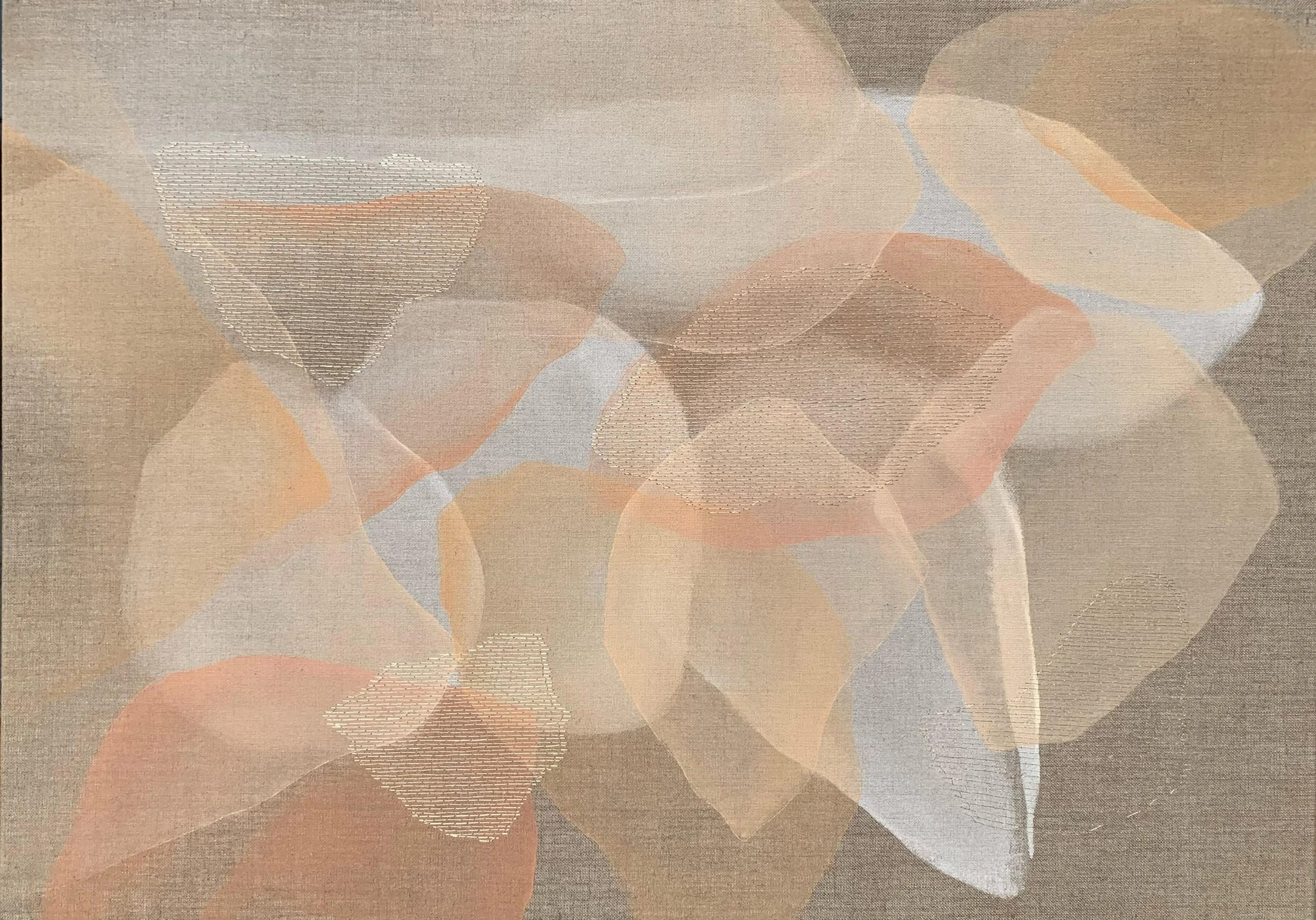 L'OISEAU ET LES PIERRES,  2026
Acrylique sur toile de lin, fil de soie brodé à la main, 92 x 65 cm