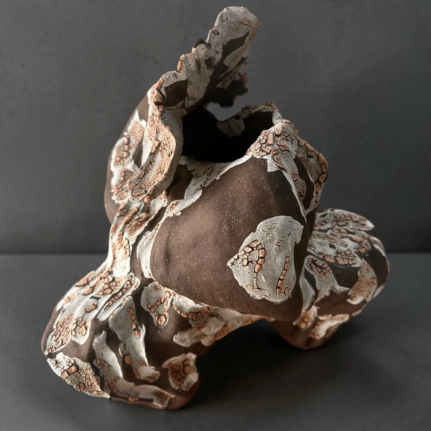 NN2026ET04
Black stoneware with black grog · Coil-built · Textured glazes · Three firings · H. 38 cm × W. 39 cm × D. 39 cm