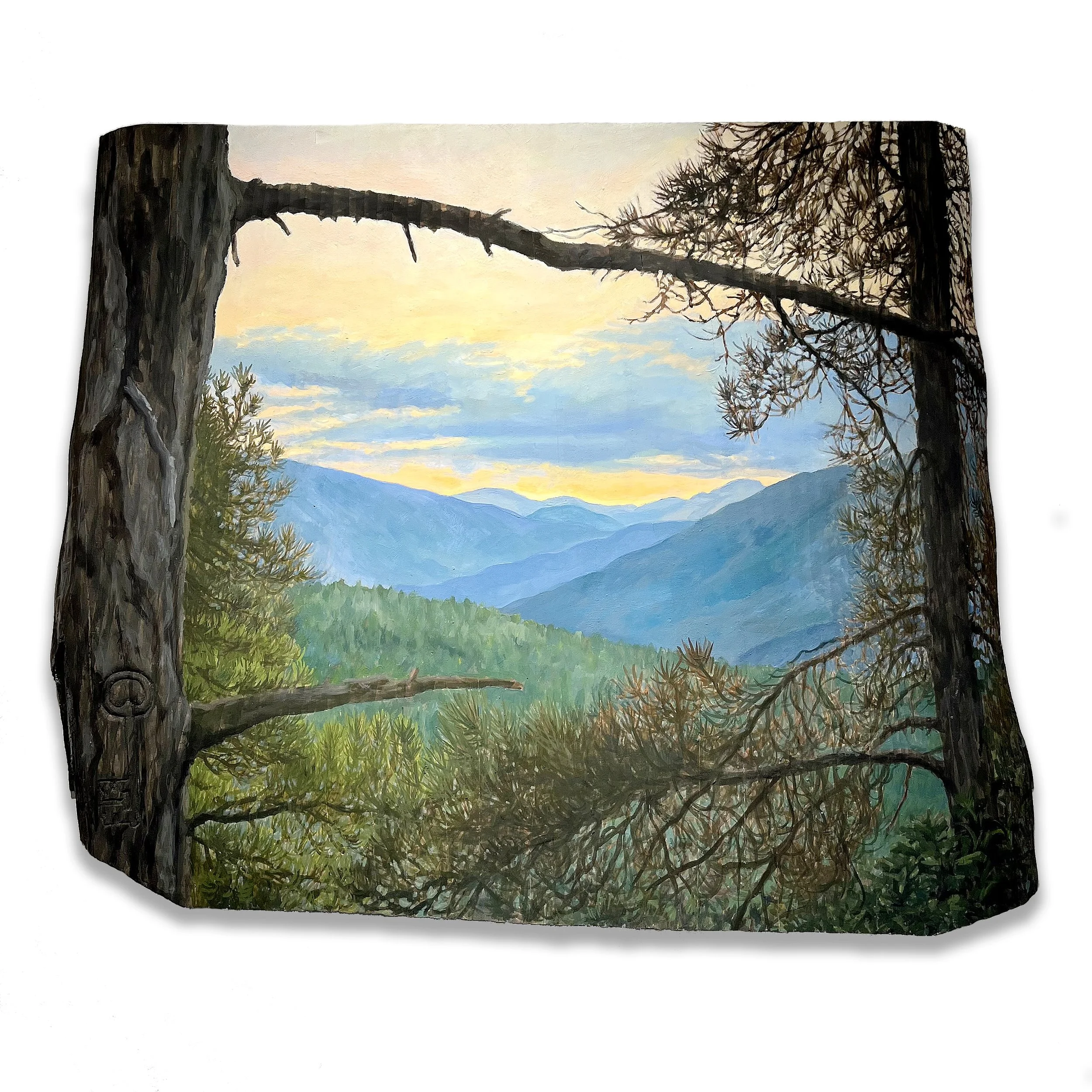 "Fenêtre sur le couchant", acrylic and marble powder on carved wood trunk, 57 x 67 cm - Private collection