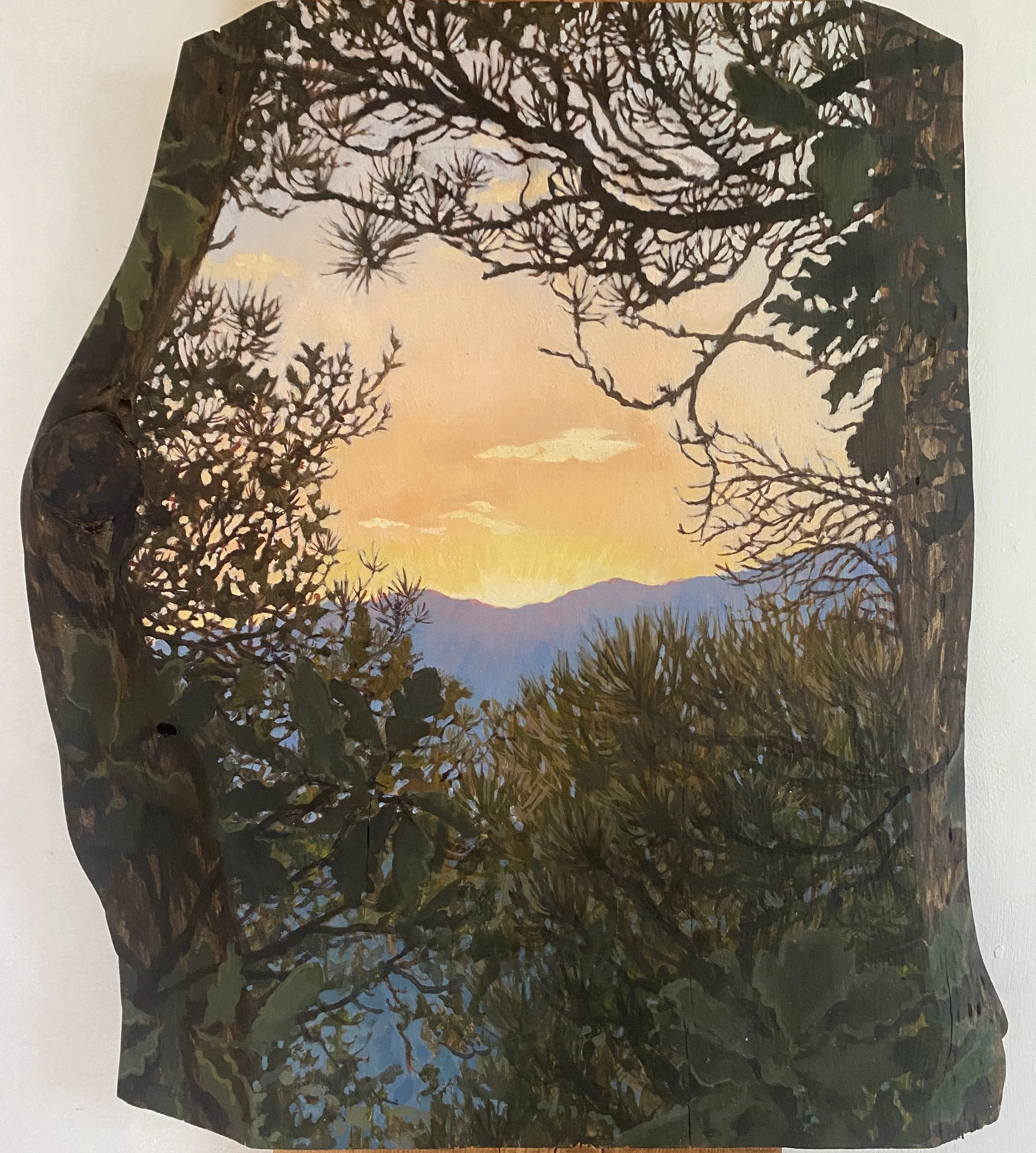 FENÊTRE SUR LA TOMBÉE DU JOUR (2026)
acrylic and marble powder on carved wood trunk, 43 x 37 cm