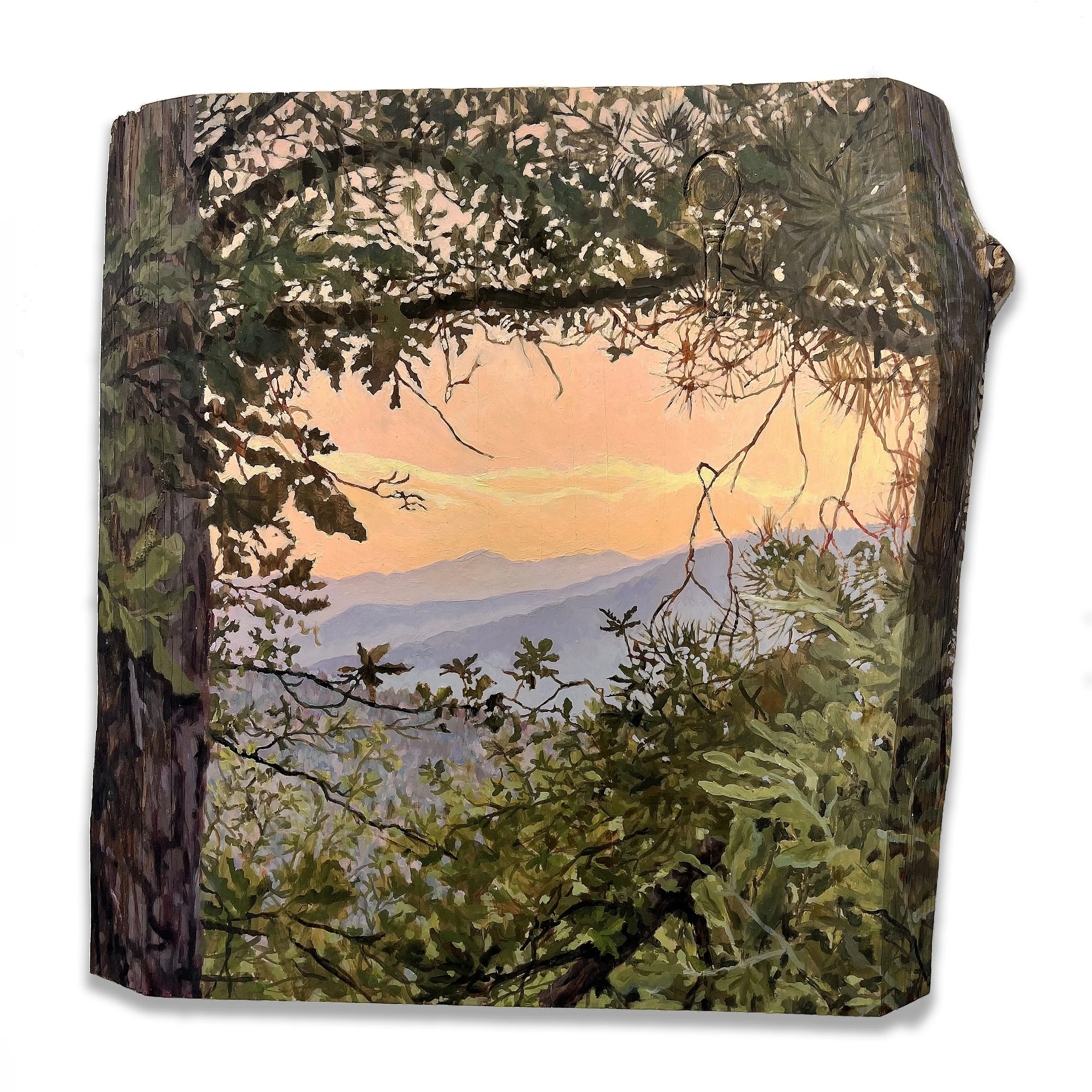 "Fenêtre sur le coucher de soleil", acrylic and marble powder on carved wood trunk, 53 x 54 cm - 