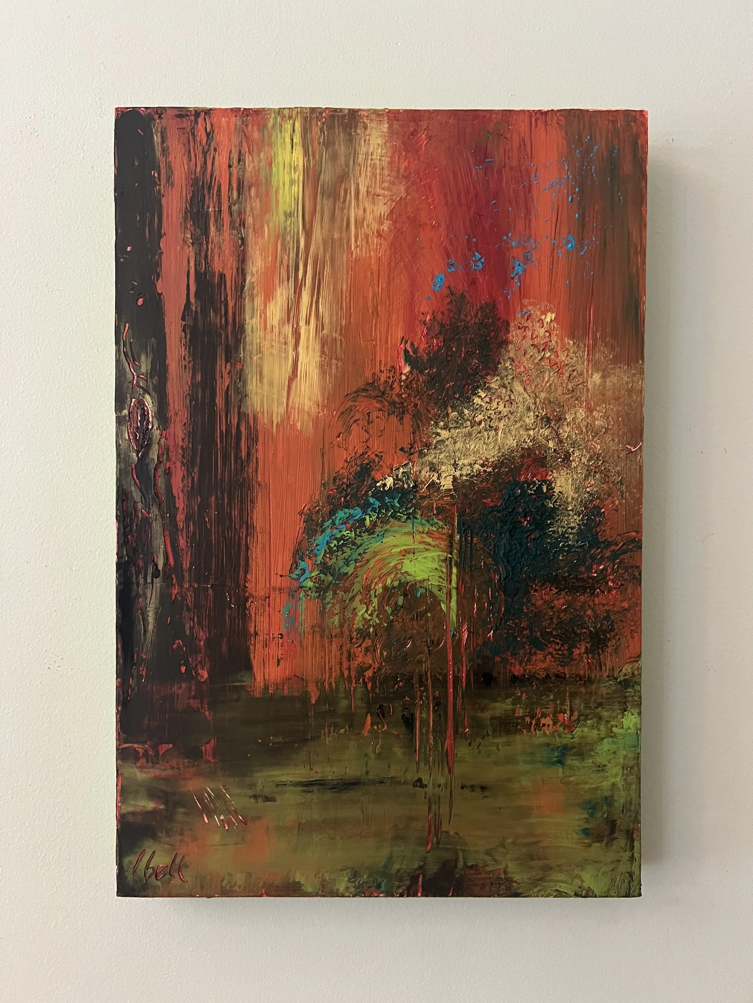"Forever Forest" -- cold wax/oil on wood panel. Not sure how this piece unfolded but the colors made me happy!