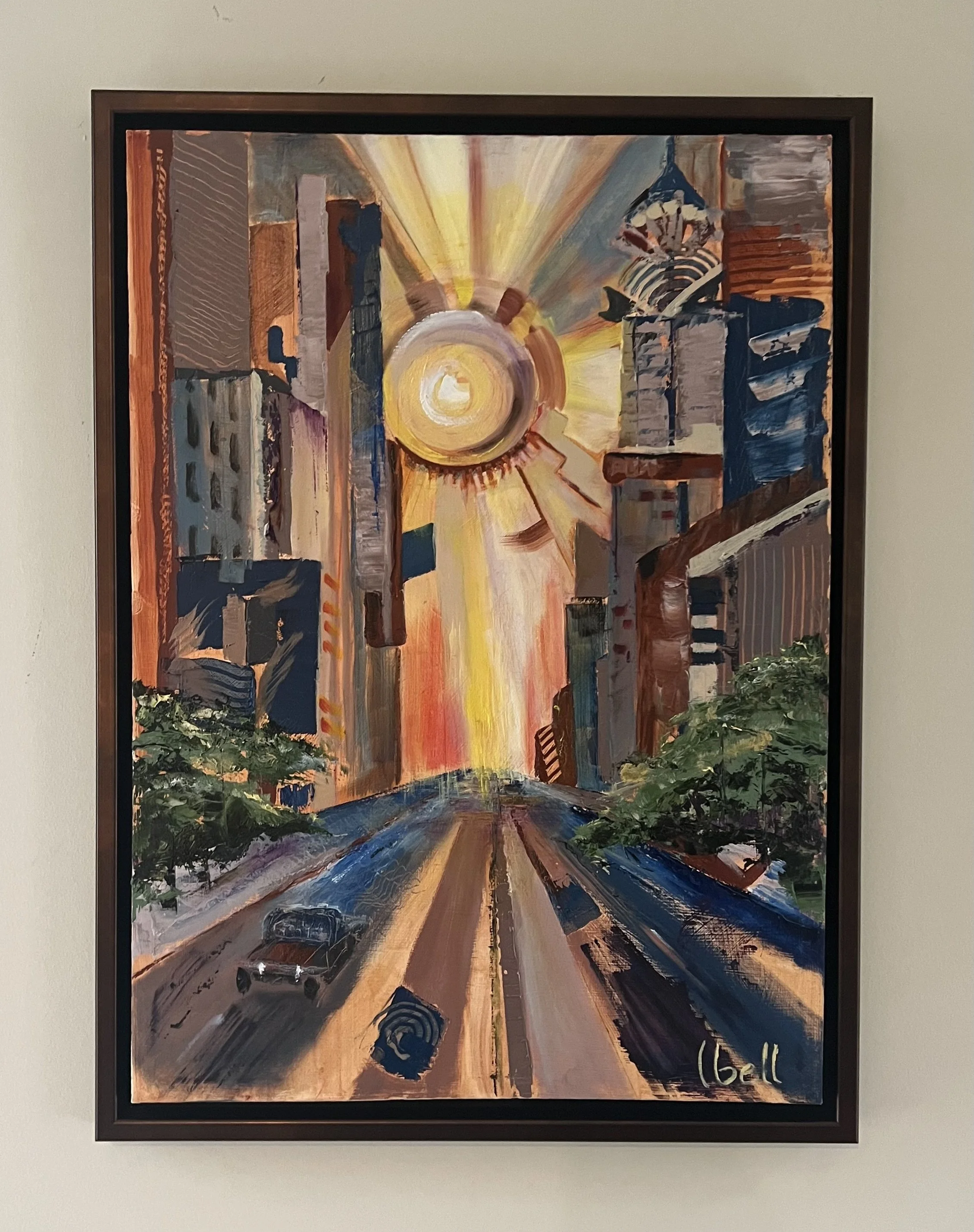 "Manhattanhenge" -- This fanciful cubist style piece celebrates Manhattanhenge, also called the “Manhattan Solstice”. It's a phenomenon during which the setting sun aligns perfectly with Manhattan’s street grid, allowing the sunlight to beam through 