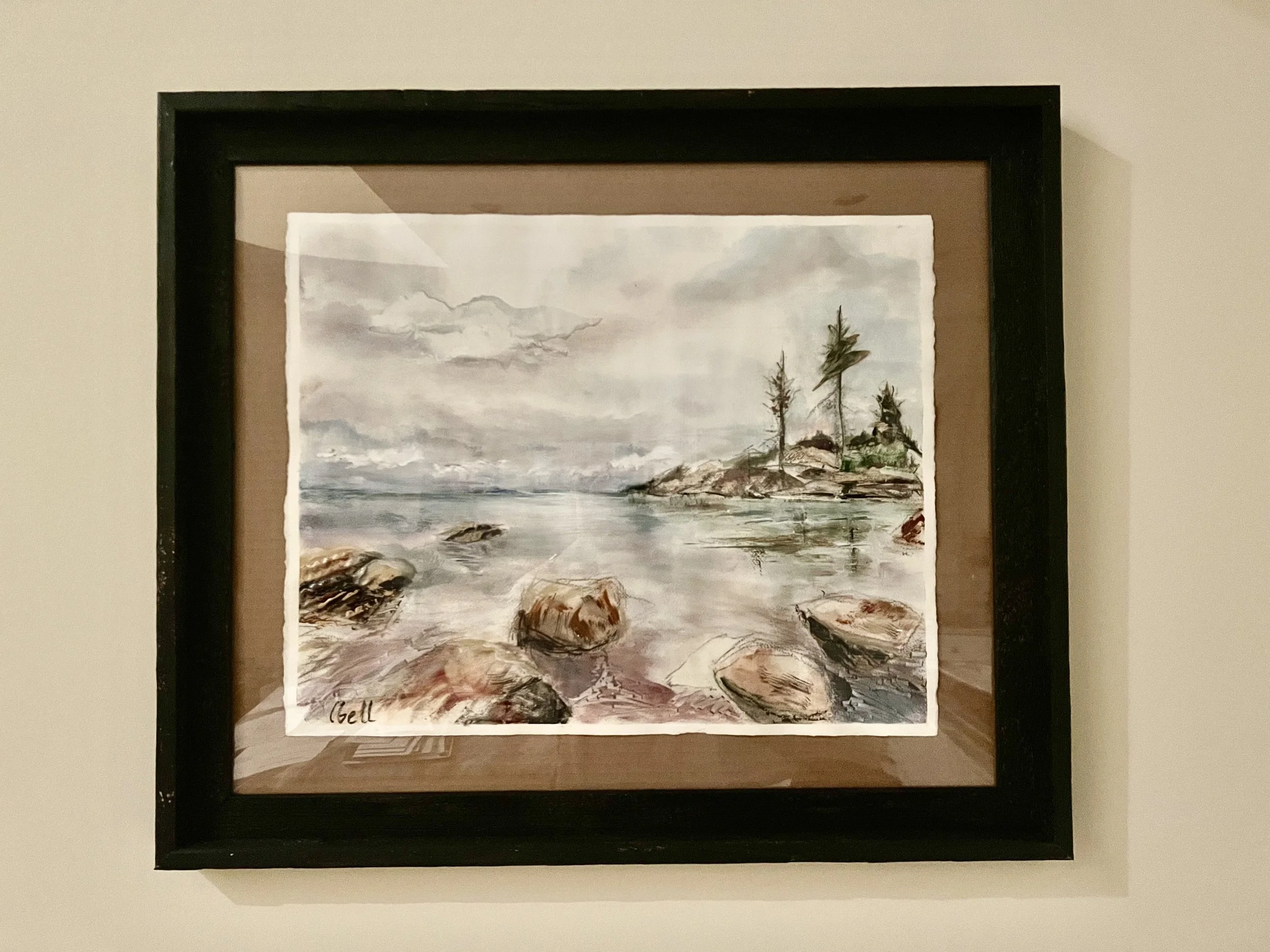 "Tranquility" -- This mixed-media piece combines watercolor, oil, and pencil with tactile elements including torn paper, cardboard and fabric. 

