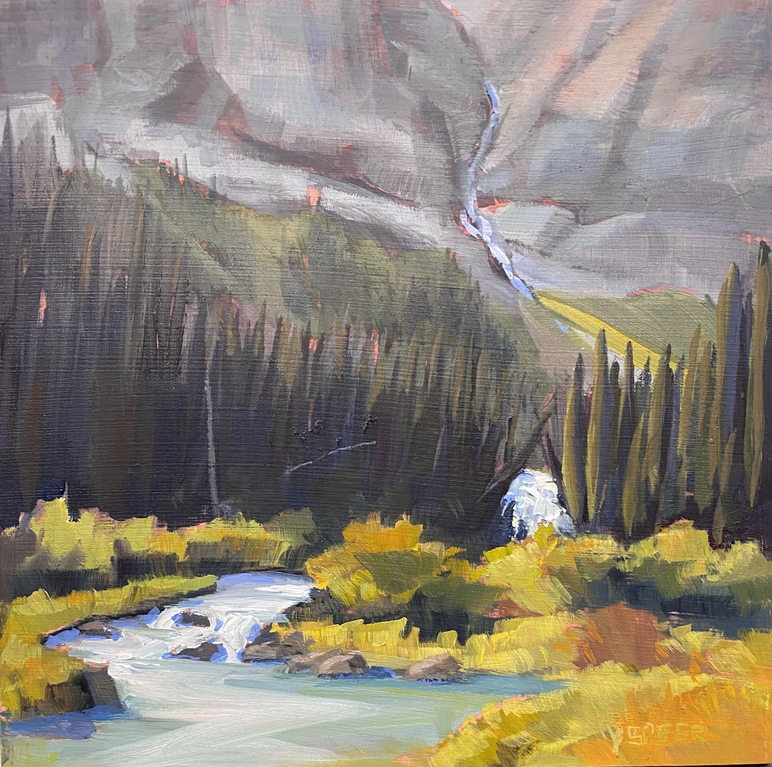“Upper Kananaskis”
Oil on wood cradle plein air
Framed 8”x 8”
$240
Available at the Speer & Brush, Rosebud AB
