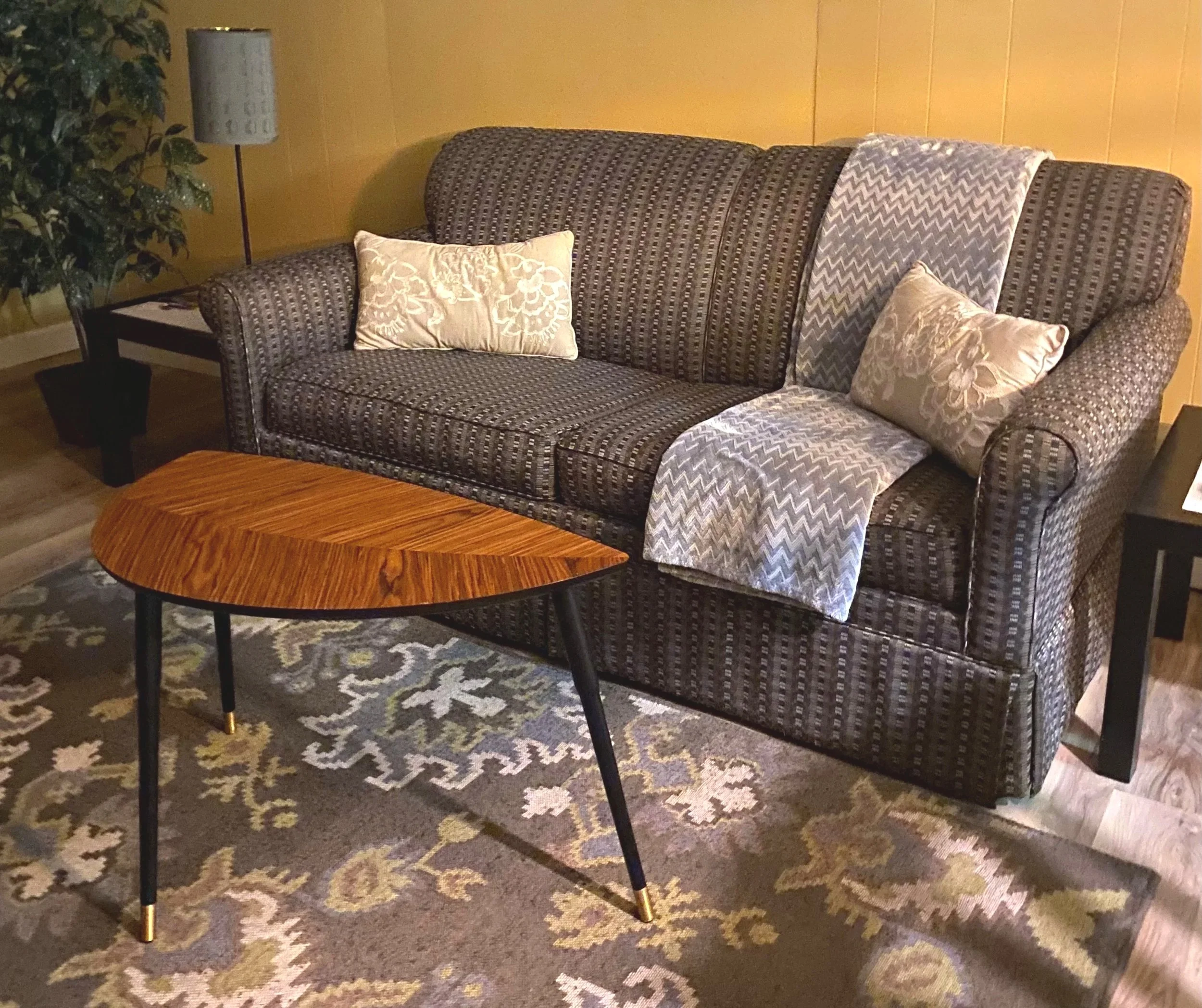 Living room with patterned gray couch, striped and floral pillows, wooden coffee table, beige wall, lamp, and large green potted plant.