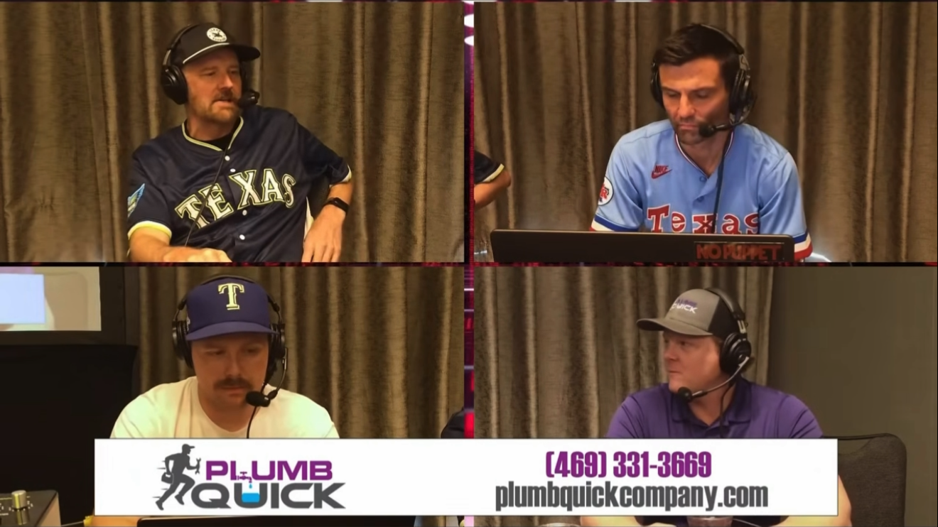 The Dumb Zone live show featuring Plumb Quick sponsorship with the Plumb Quick logo, phone number, and website displayed on screen.