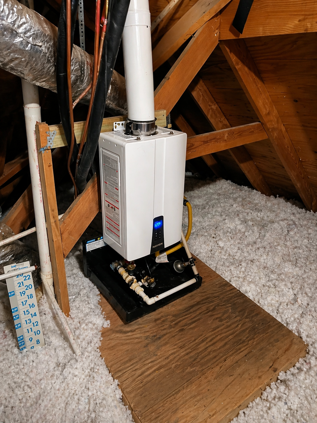 Tankless water heater installation in attic Dallas TX residential plumbing