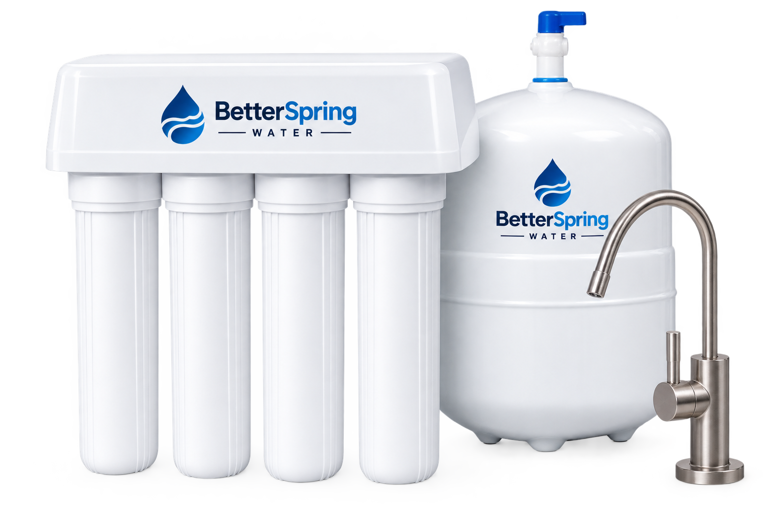 A countertop water filtration system with four filter cartridges, a large white water storage tank, and a stainless steel faucet, all branded with the BetterSpring Water logo.