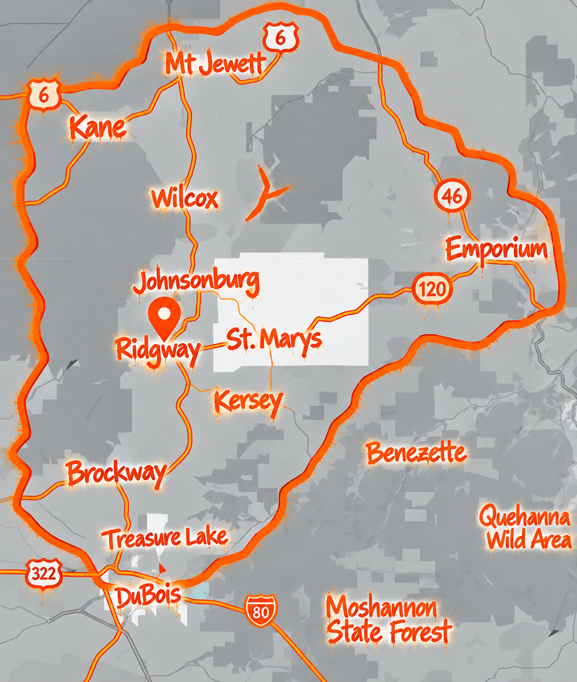 Map of the Atlas Appliance Repair service area around Ridgway in northwestern Pennsylvania; confirm availability for your address