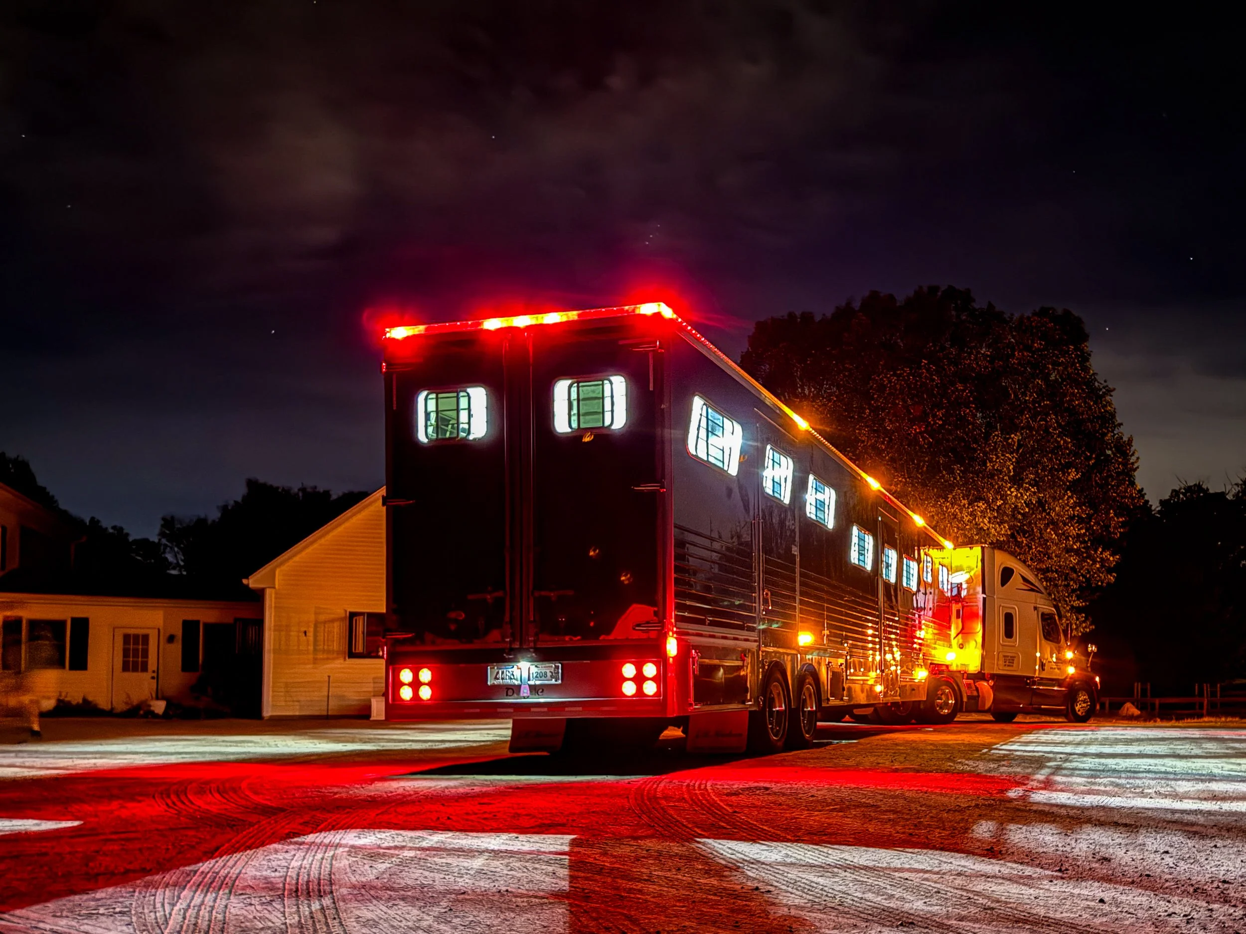 J.R. Hudson Horse Transportation Freightliner Cascadia with 16 horse trailer after unloading in Medway, Massachusetts