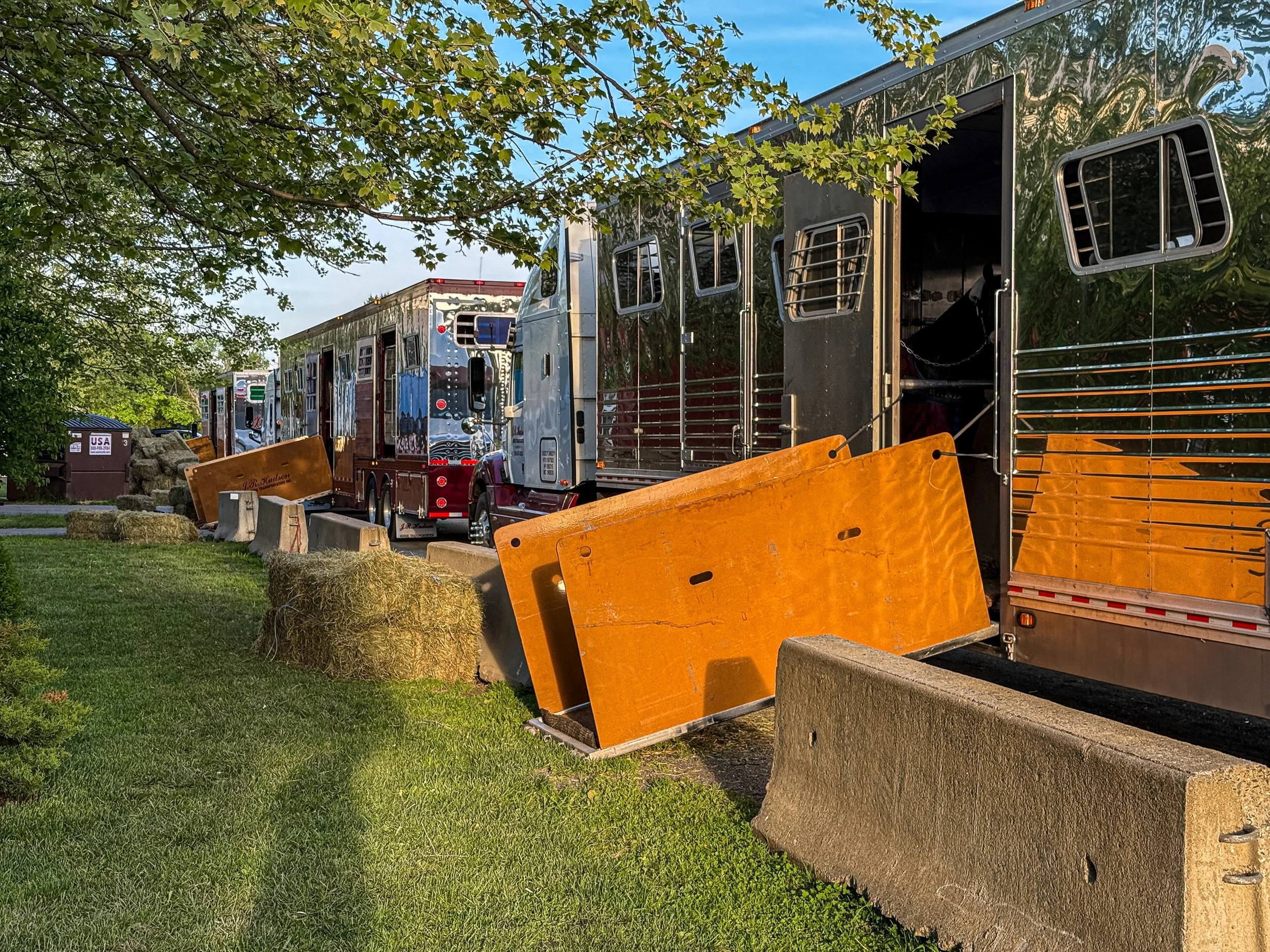 J.R. Hudson Horse Transportation unloading three trucks of Morgan horses in Northampton, Massachusetts