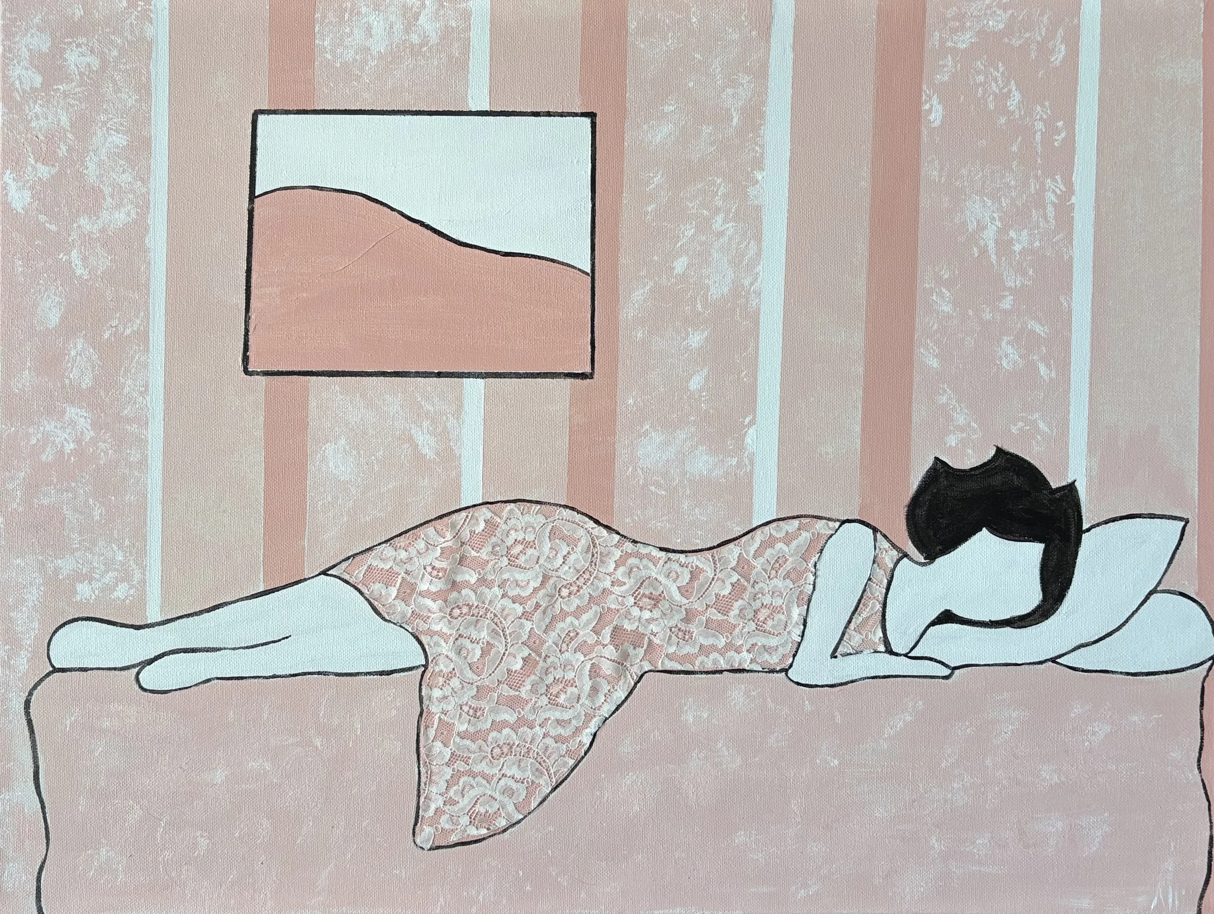 Rested Figure in Lace, 8:2025. Acrylic and lace on Canvas, 24x18 inches..jpeg