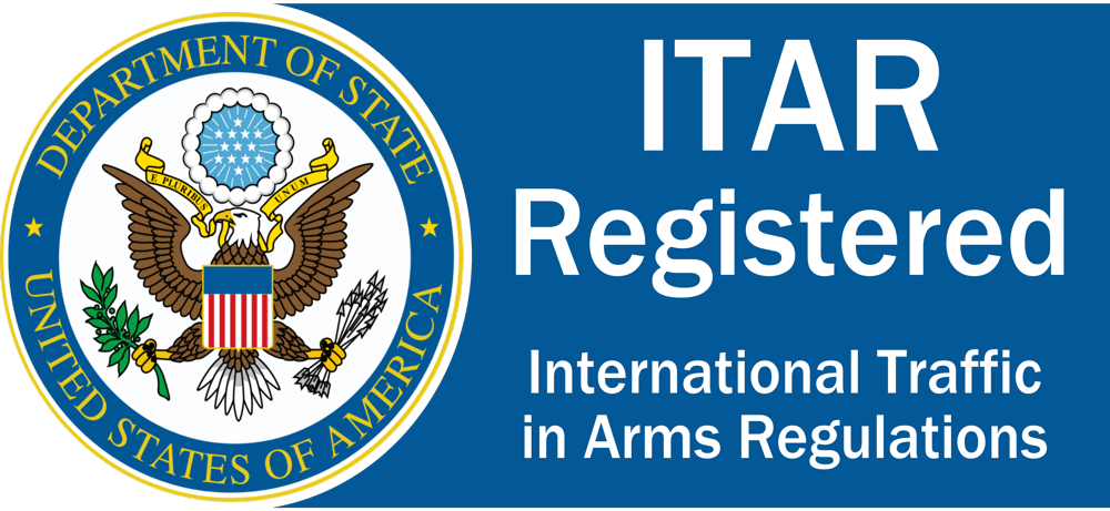 Seal of the U.S. Department of State with an eagle, shield, and olive branch, next to text indicating registration with the International Traffic in Arms Regulations (ITAR).