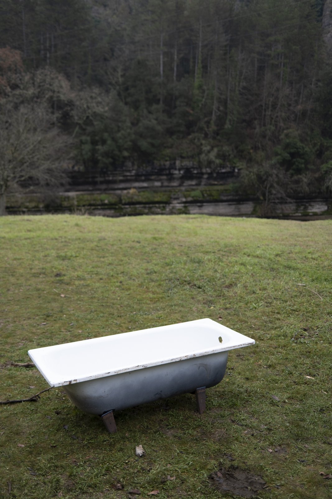 Vintage white bathtub on a grassy outdoor area near a river and forested hillside.