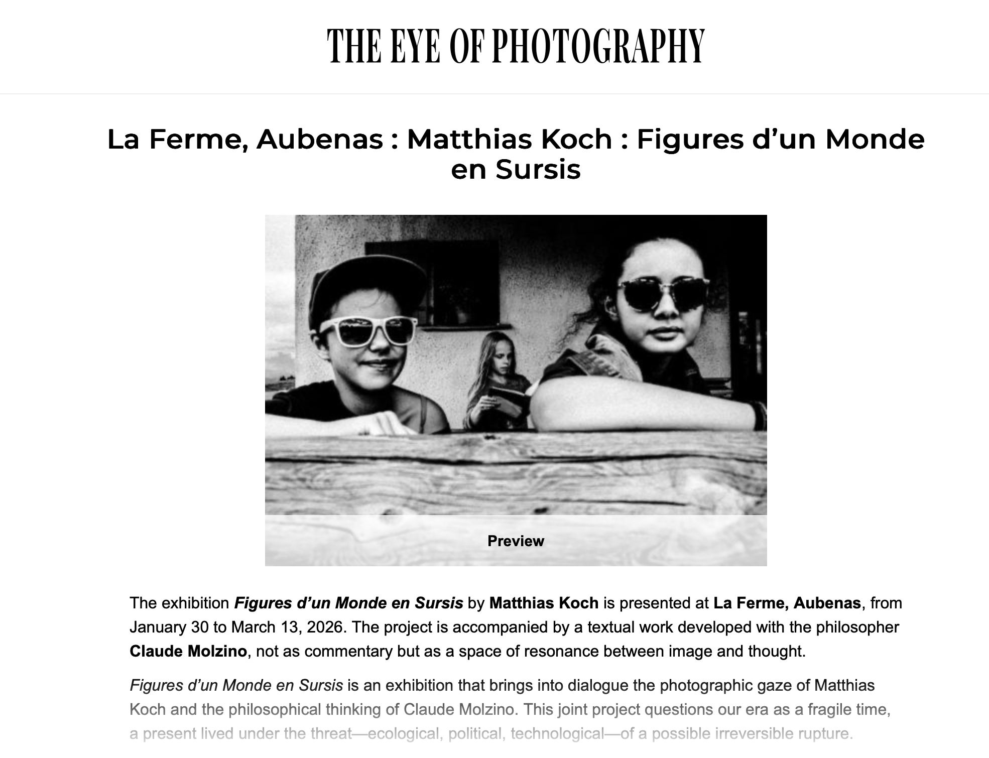 Black and white exhibition poster featuring a photo of three young people, two of whom are wearing sunglasses, with a text description of the event and artist.