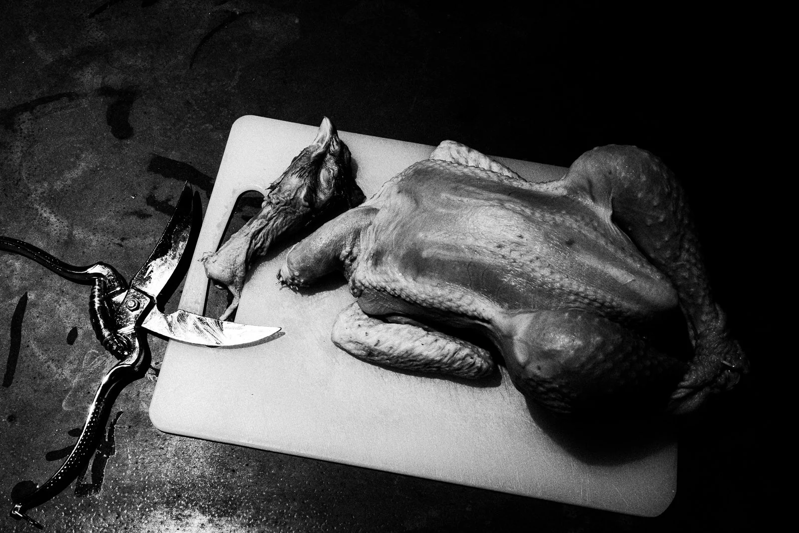 Whole raw bird, likely a duck or goose, on a cutting board next to a large kitchen knife with a decorative handle, in a black and white setting.