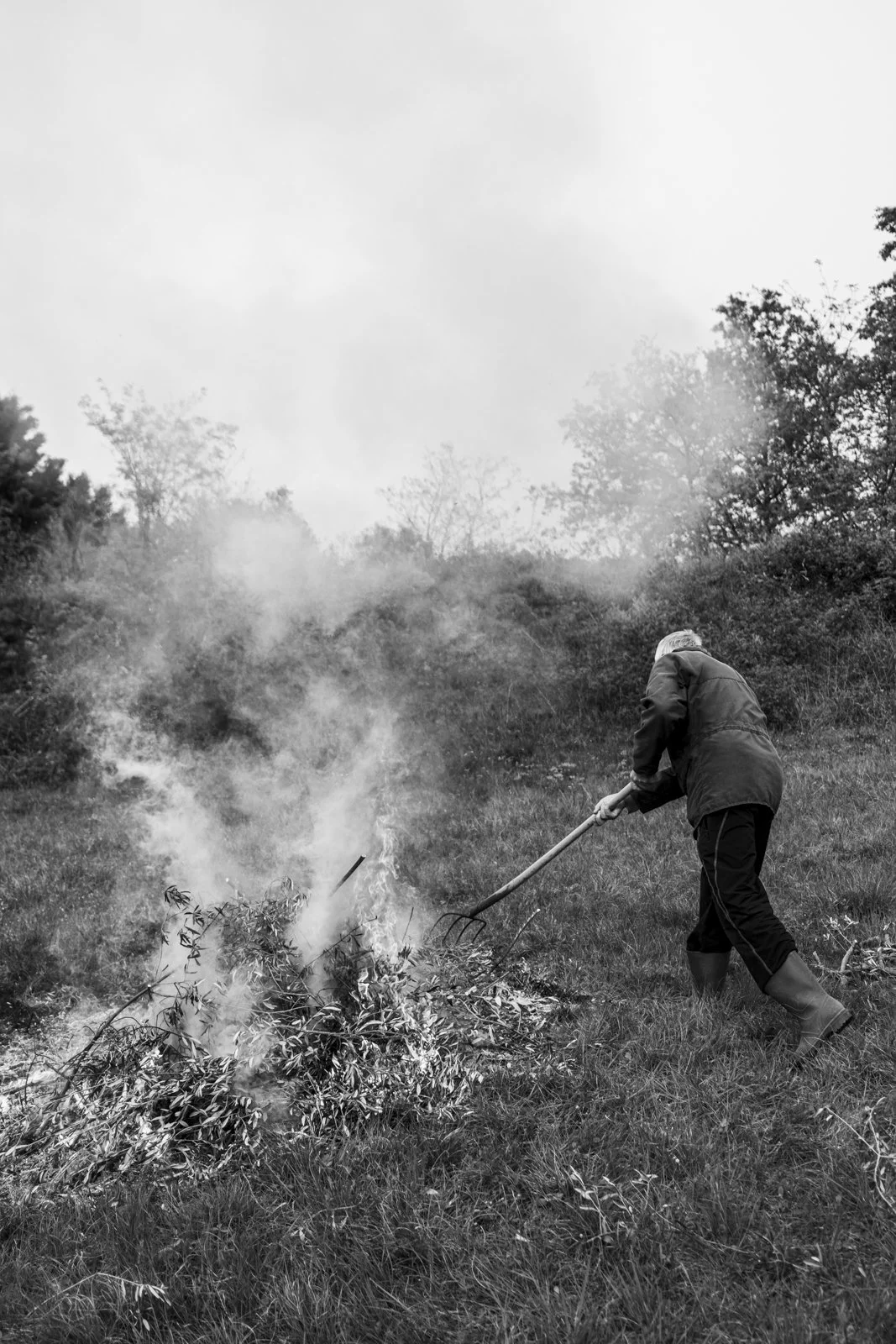 A person wearing a jacket and boots is using a rake to smother a small grass fire on a grassy hillside, with smoke rising from the flames and trees in the background.