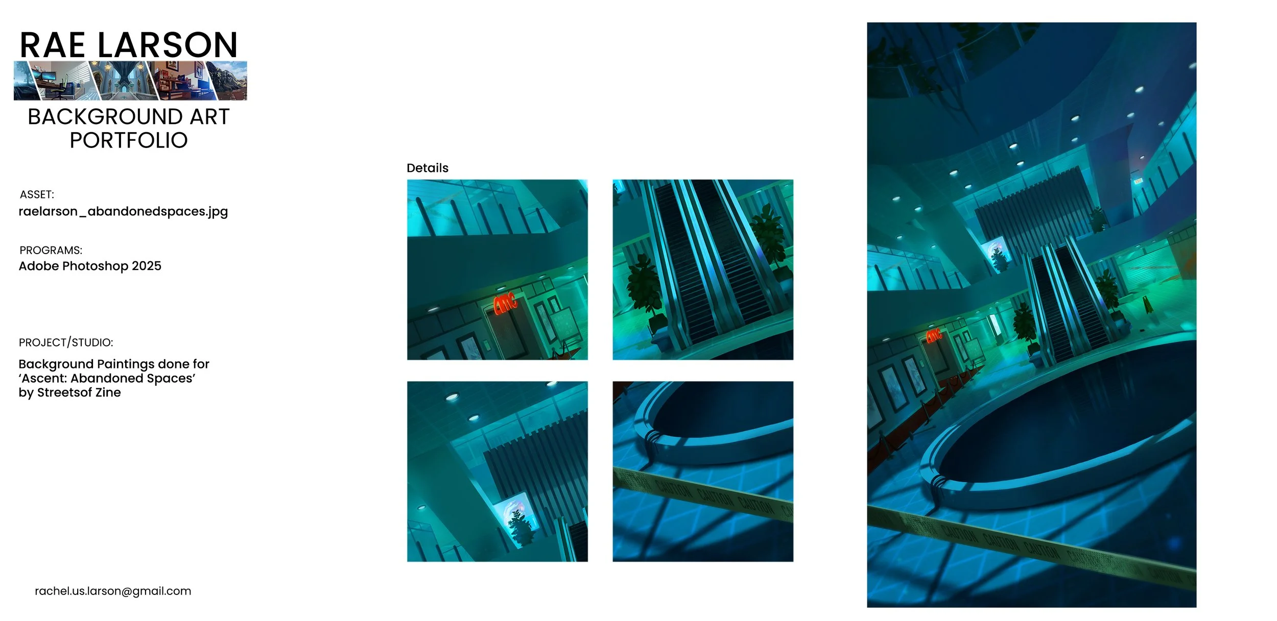 Digital artwork of an abandoned indoor mall with blue lighting, escalators, and a curved empty pool, with caution tape and potted plants.