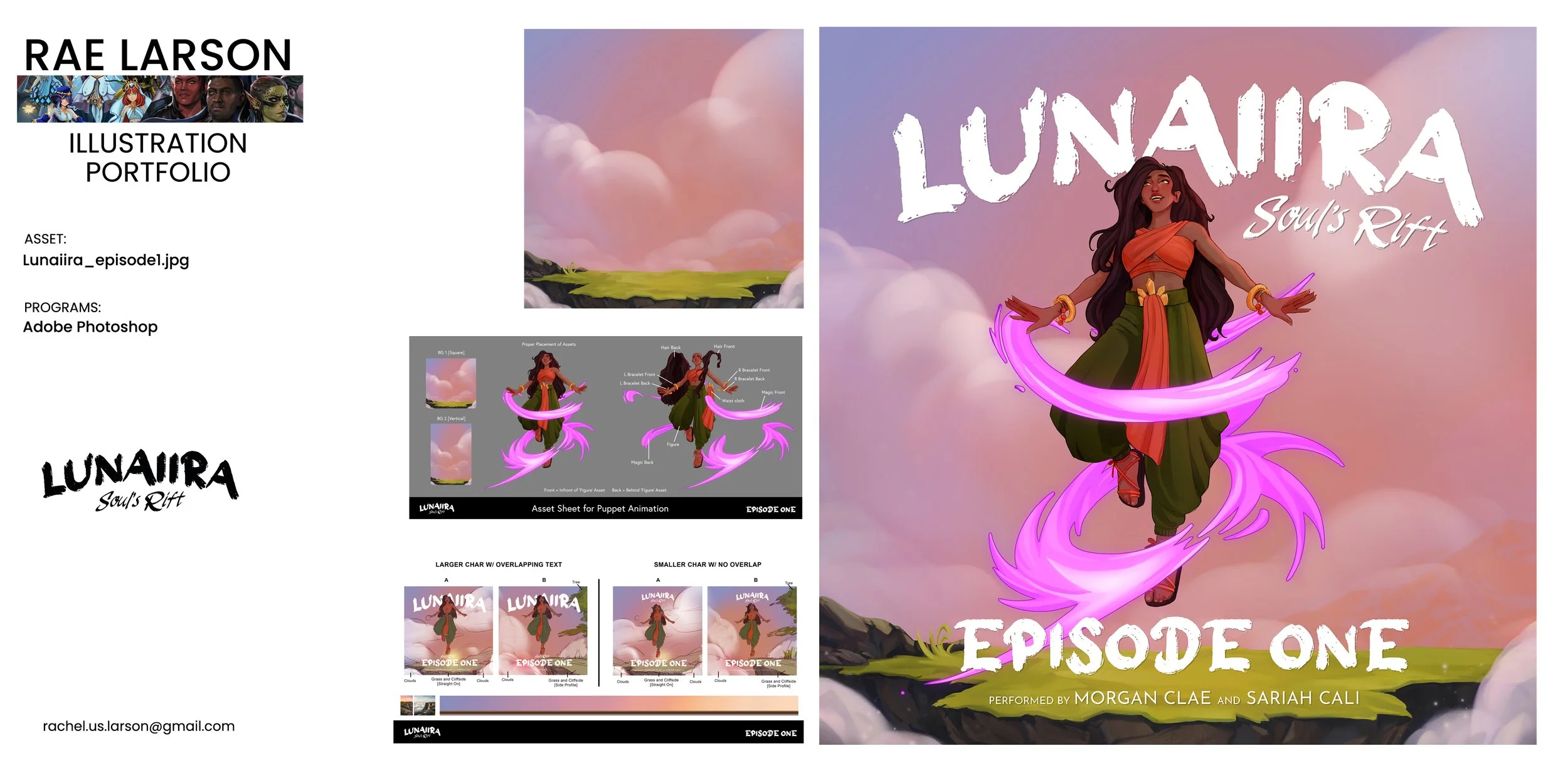 Digital illustration of a woman with long dark hair, dressed in a green skirt and orange top, floating among pink and purple clouds with a glowing purple aura and pink energy trails, for the cover of "Lunaira: Souls Rift - Episode One."