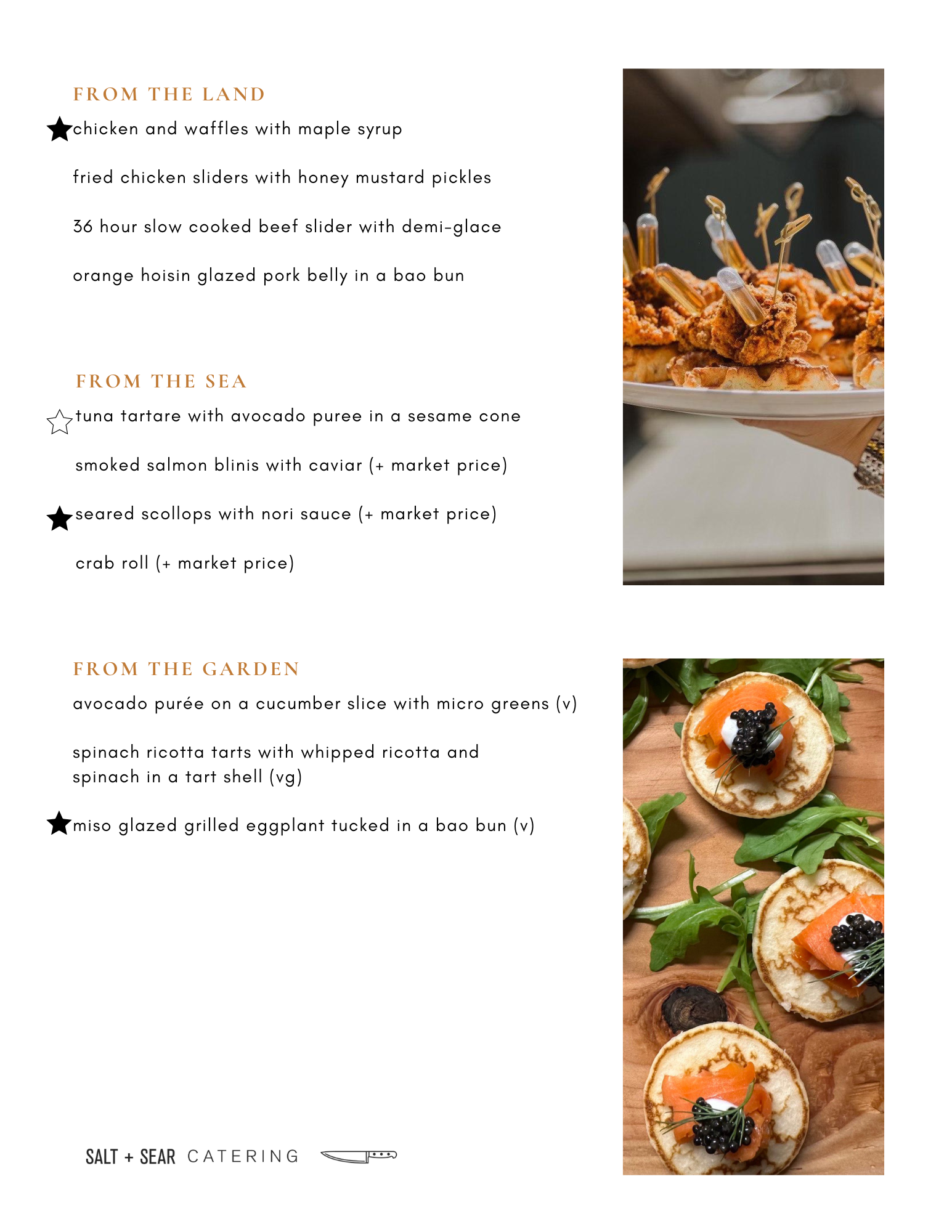 Menu of Salt + Sear Catering featuring items from three categories: 'From the Land' includes chicken and waffles, chicken sliders, beef slider, pork belly bao bun; 'From the Sea' includes tuna tartare, salmon blinis, seared scallops, crab roll; 'From