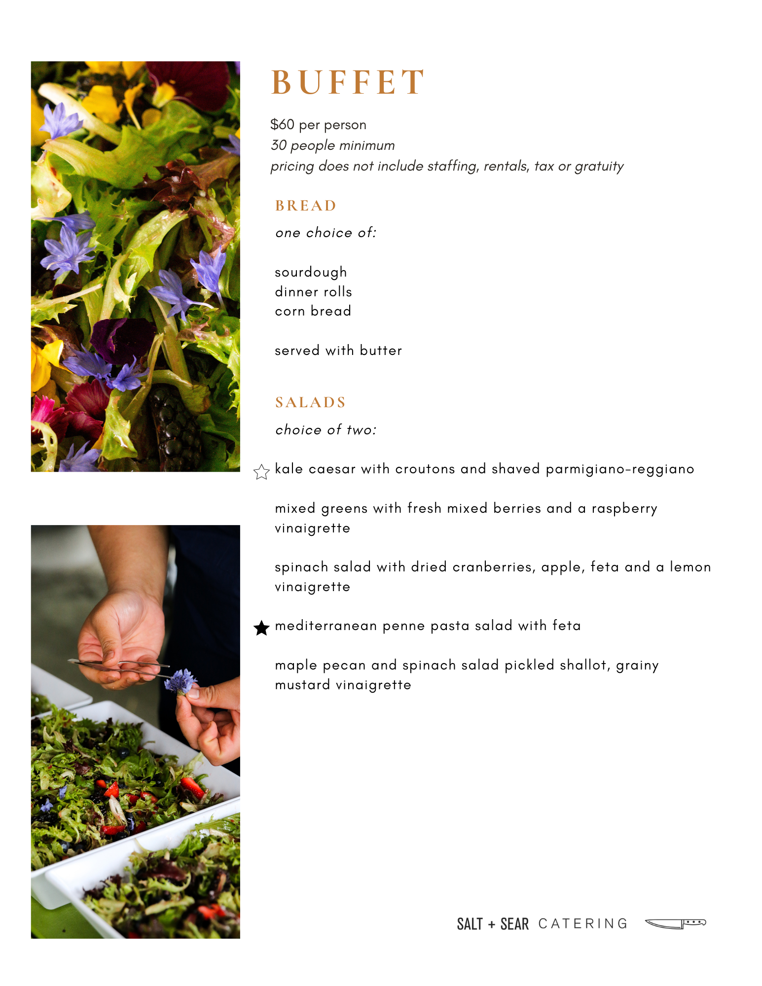 Salt and Sear Catering buffet menu featuring salads and bread options. Bread choices include sourdough, dinner rolls, and cornbread. Salad options include kale Caesar, mixed greens with berries, spinach salad with cranberries, Mediterranean penne pas