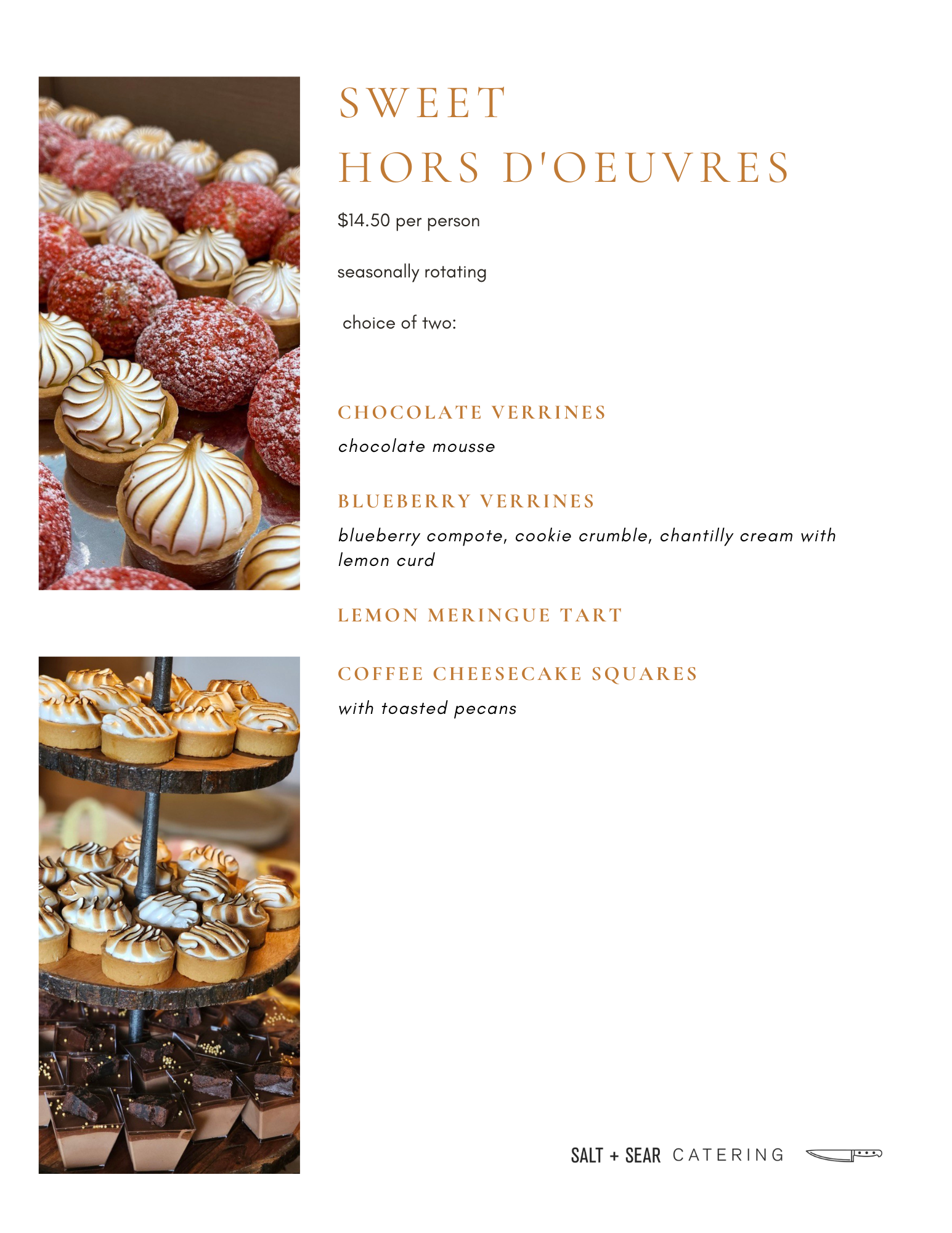 Menu featuring sweet hors d'oeuvres with a price of $14.50 per person. Describes options: Chocolate Verrines with chocolate mousse, Blueberry Verrines with blueberry compote, cookie crumble, and chantilly cream with lemon curd, Lemon Meringue Tart, a