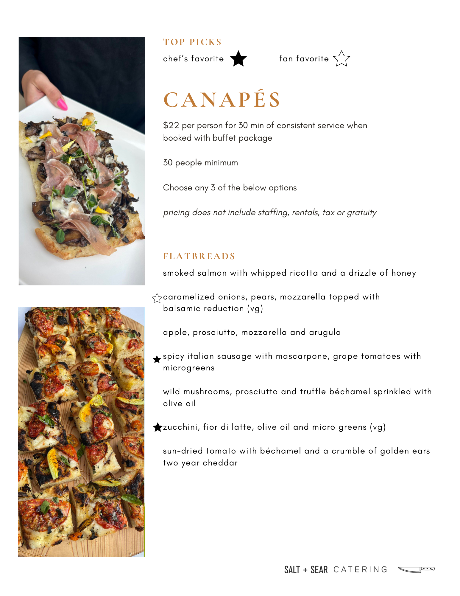 Salt + Sear Catering menu featuring canapés and flatbreads with assorted ingredients like smoked salmon, prosciutto, and mushrooms. Pricing and service details included. Images of flatbreads.
