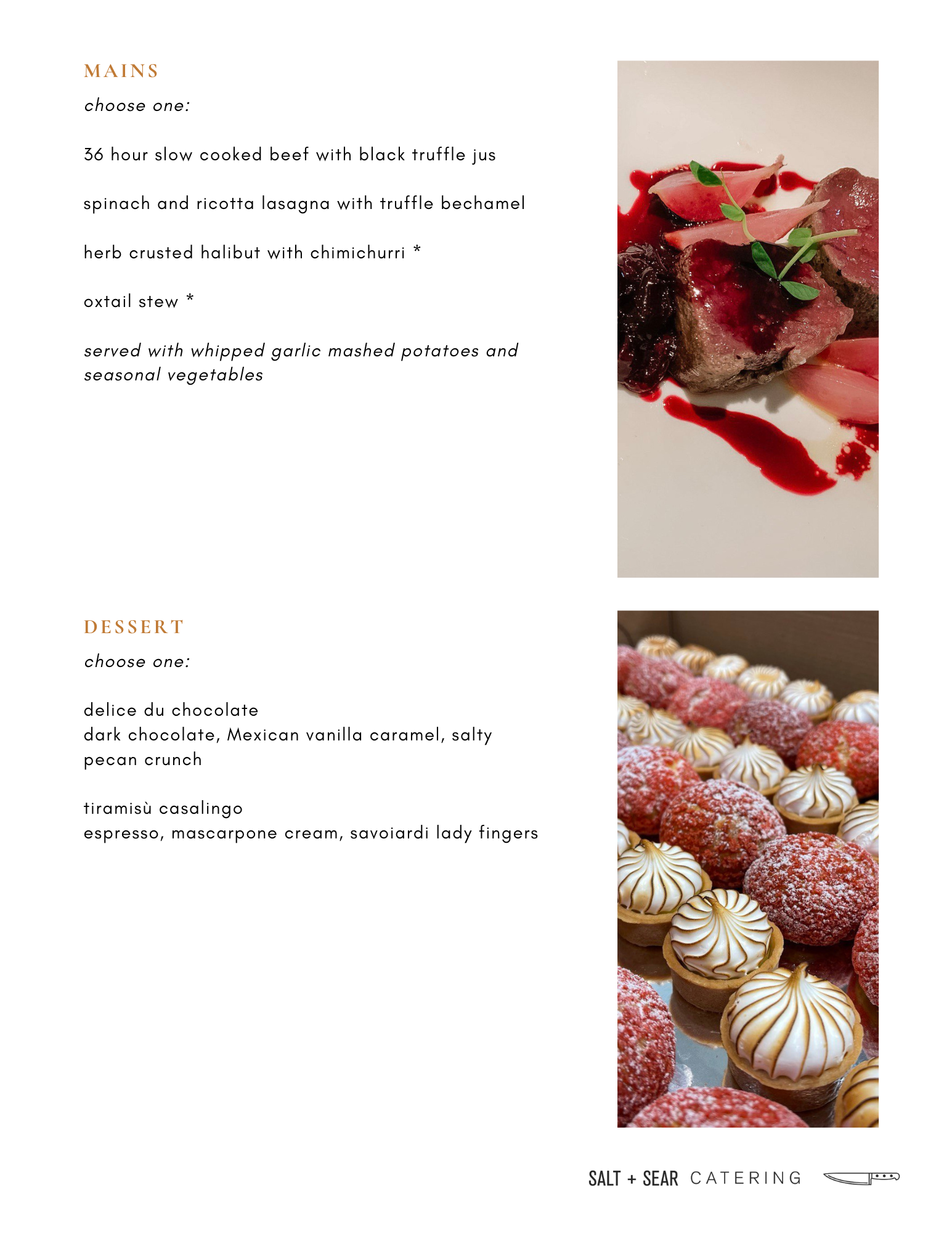 Menu featuring main courses and desserts with photos of dishes, provided by Salt + Sear Catering. Main options include beef, lasagna, halibut, and oxtail stew. Dessert choices are chocolate delice and tiramisu, with a photo of decorated pastries.