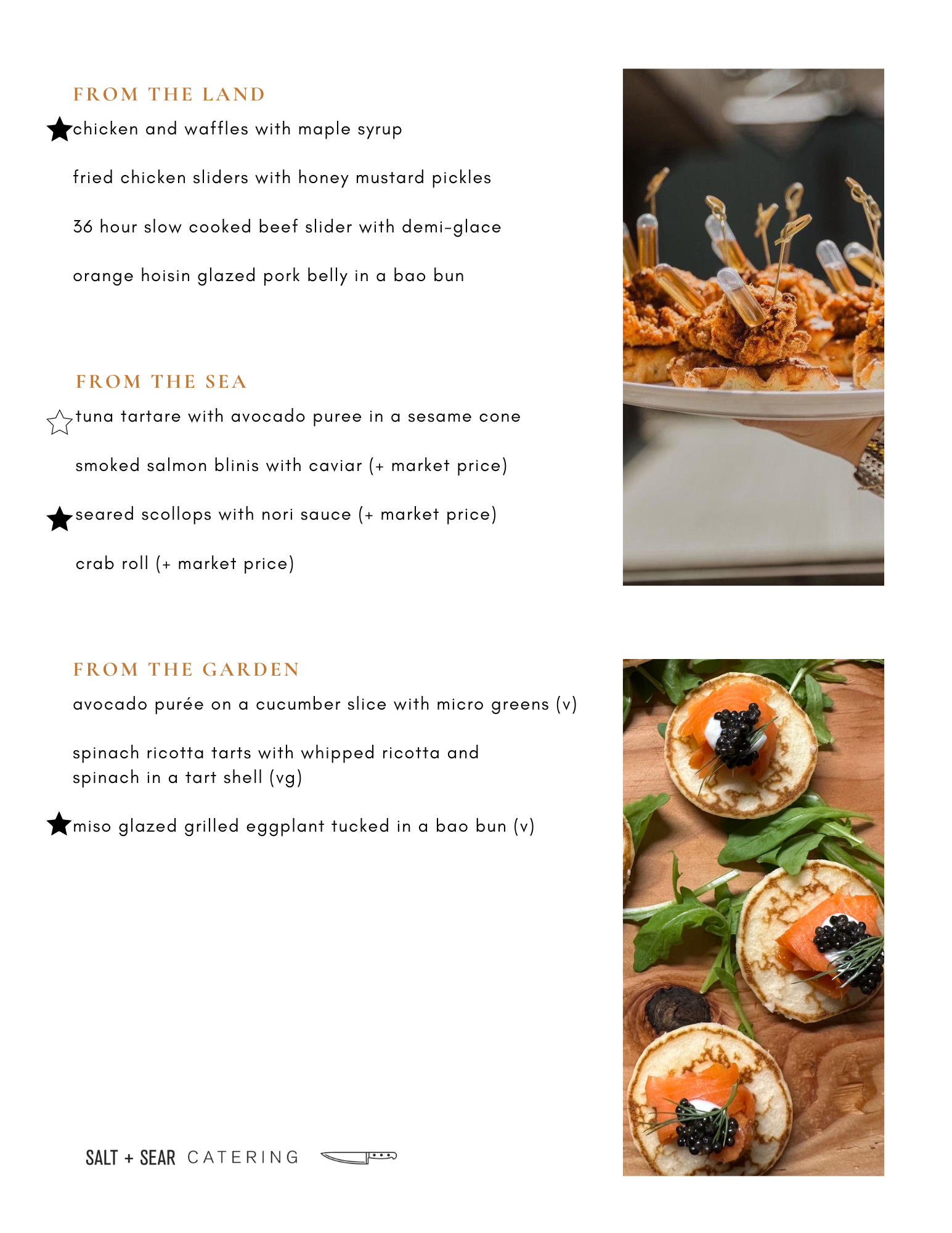 Menu from Salt + Sear Catering with sections "From the Land," "From the Sea," and "From the Garden," listing various dishes. Images show chicken and waffles and blinis with caviar and smoked salmon.