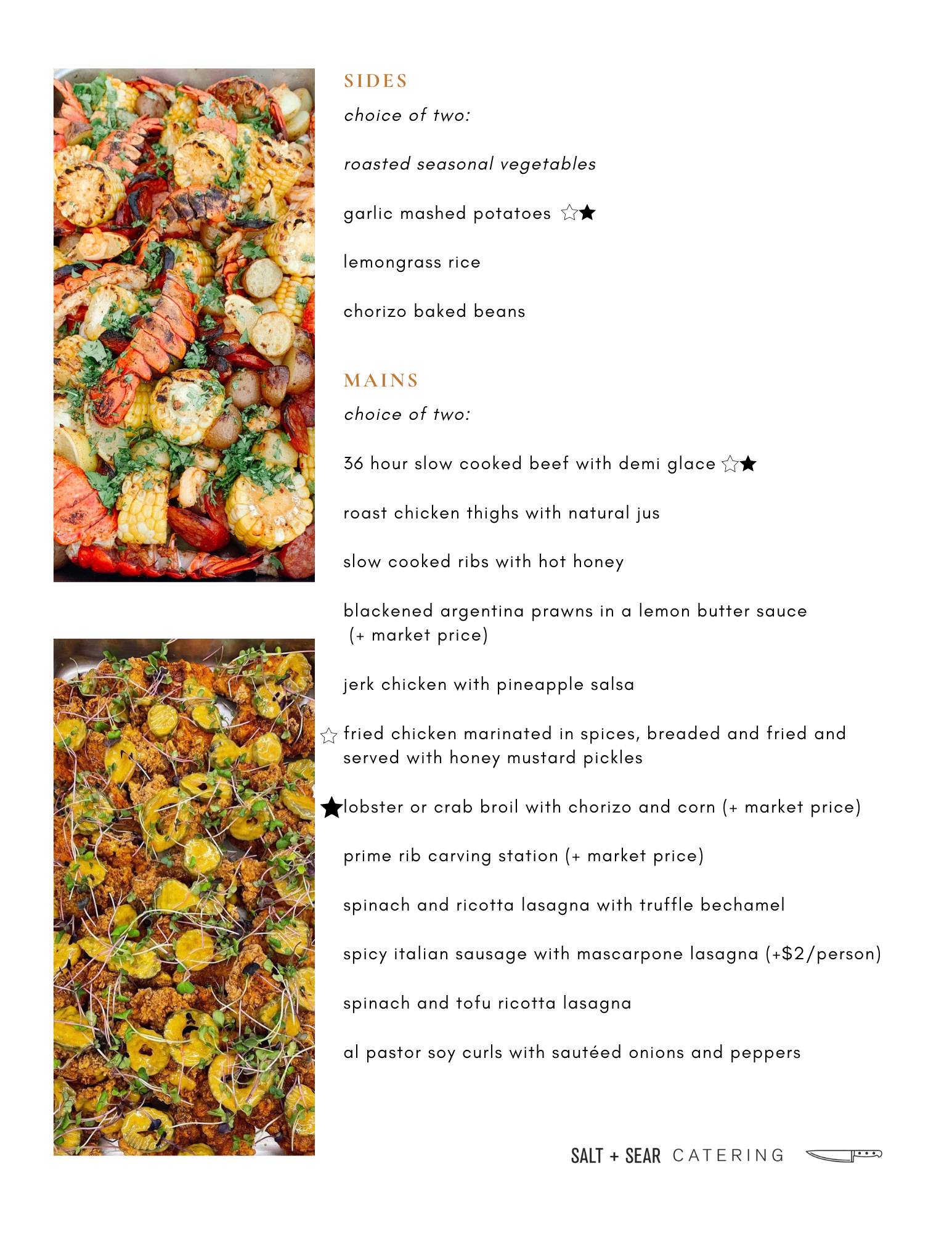 Menu featuring sides and mains from Salt + Sear Catering. Sides include roasted seasonal vegetables, garlic mashed potatoes, lemongrass rice, and chorizo baked beans. Mains include options like slow-cooked beef, roast chicken, ribs, prawns, jerk chic
