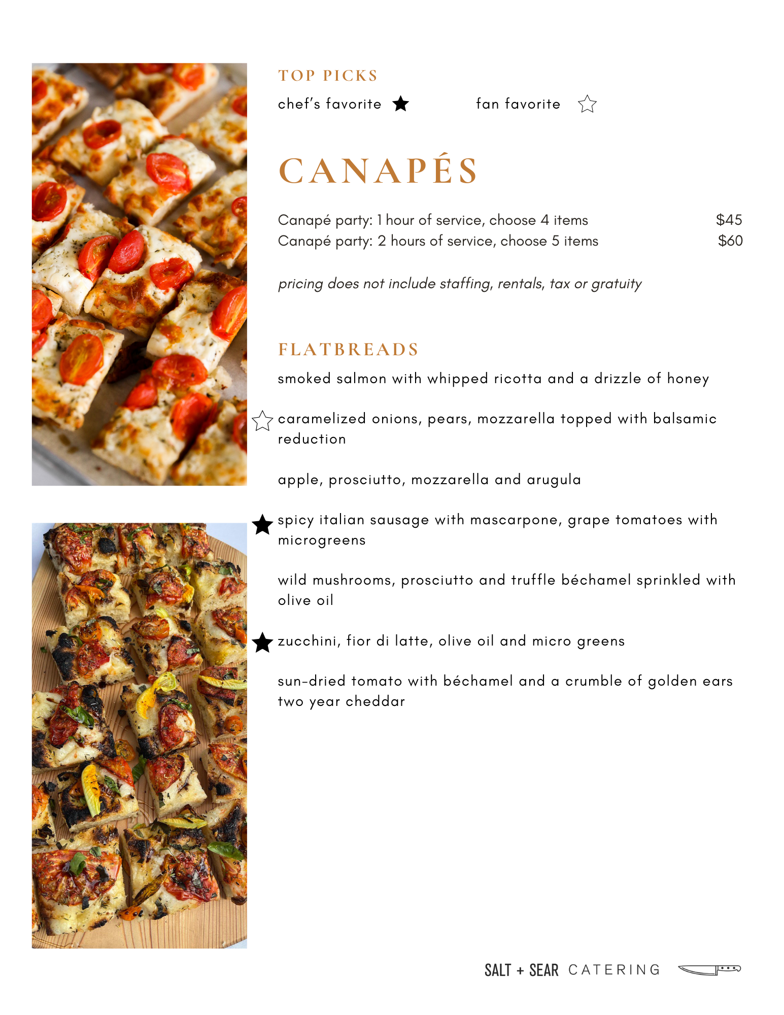 Menu for Salt + Sear Catering featuring canapé options and flatbreads. Canapé party options include $45 for 1 hour (4 items) and $60 for 2 hours (5 items). Flatbreads listed are smoked salmon with ricotta, onion and pear with mozzarella, apple and pr