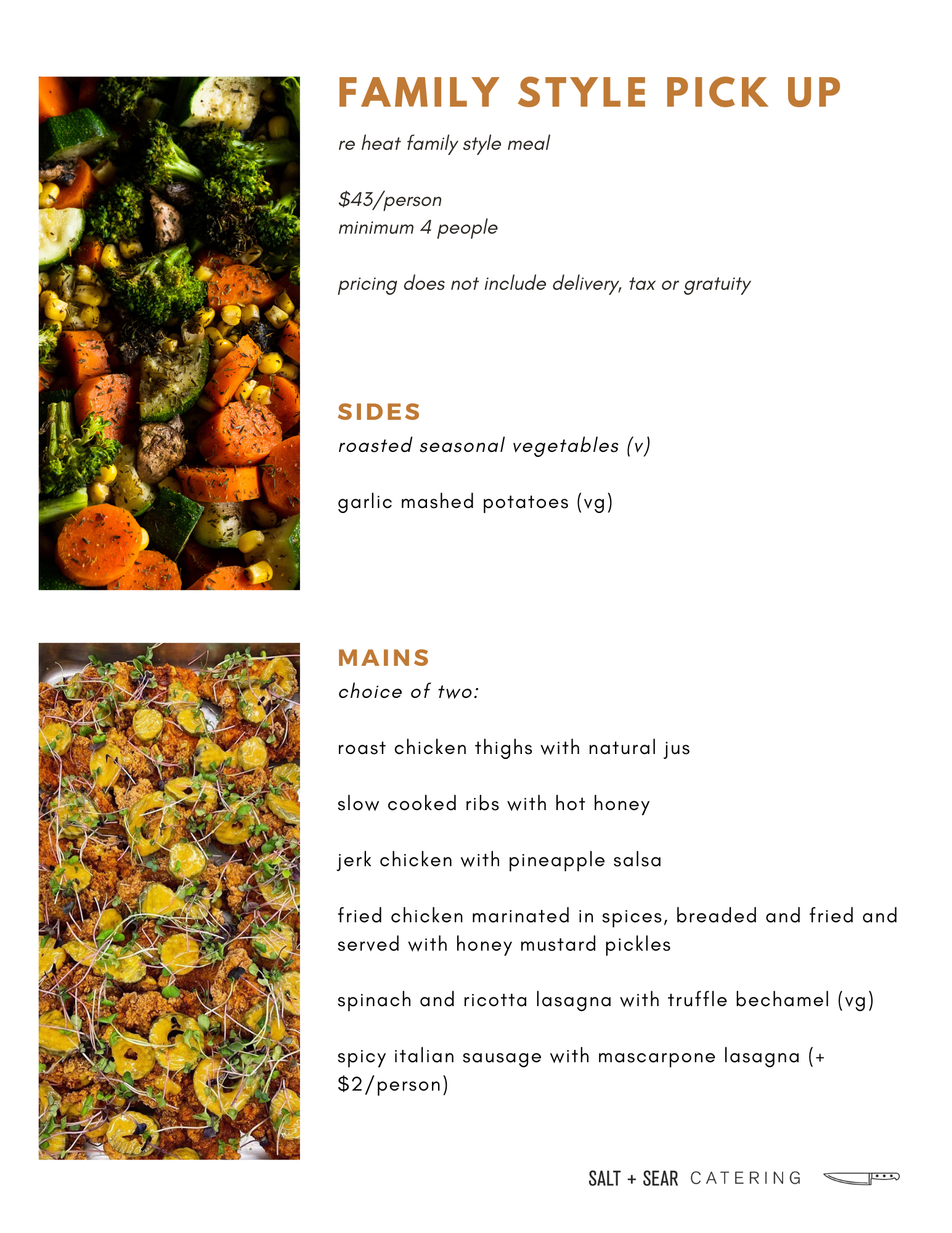 Menu for "Family Style Pick Up" by Salt + Sear Catering, featuring sides like roasted seasonal vegetables, and garlic mashed potatoes. Main dishes include options like roast chicken thighs, slow cooked ribs, jerk chicken, fried chicken, spinach and r