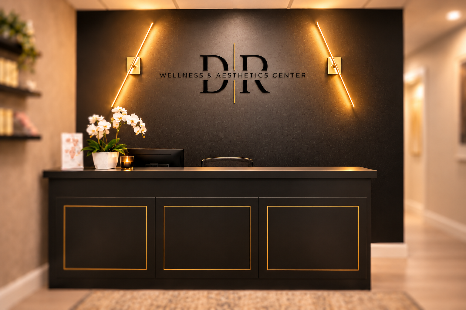 DR Wellness & Aesthetics Center reception with centered logo, warm lighting, and black and gold desk