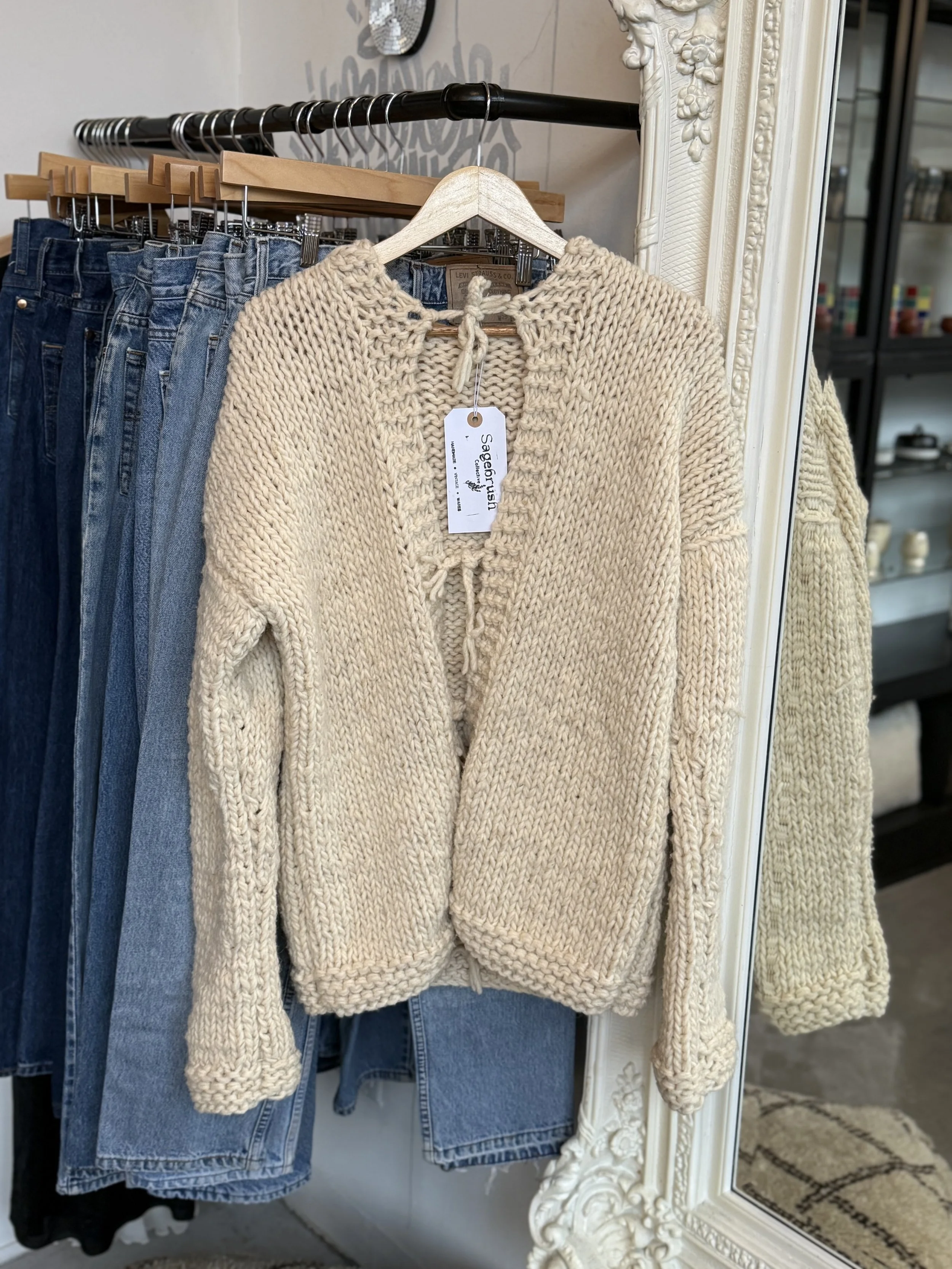 Tie Front Hand Knit Chunky Wool Sweater