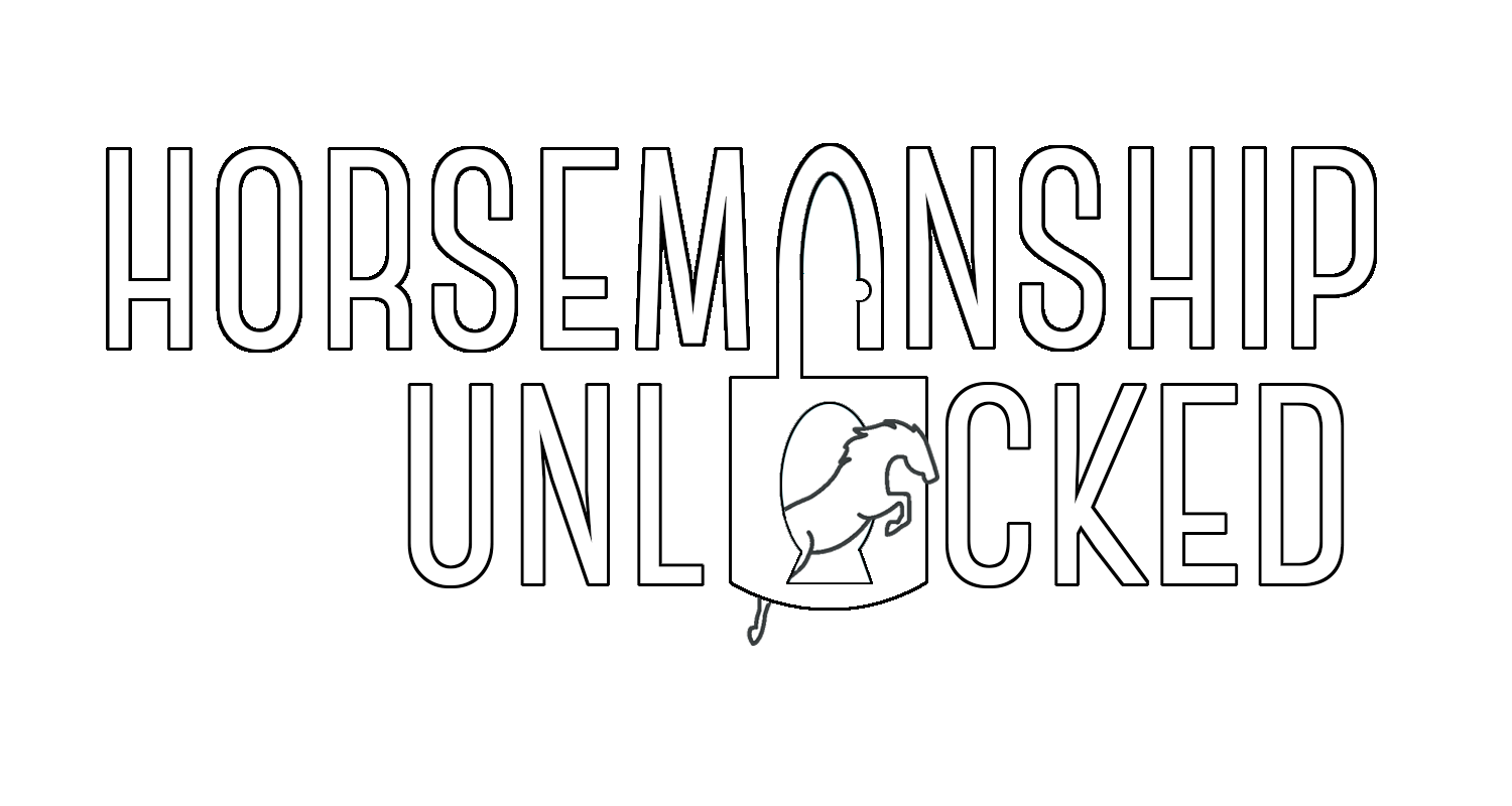 Graphic with the words "Horsemanship Unlocked" in tall white letters on a black background, with a stylized horseshoe and a horse's head inside a lock icon.