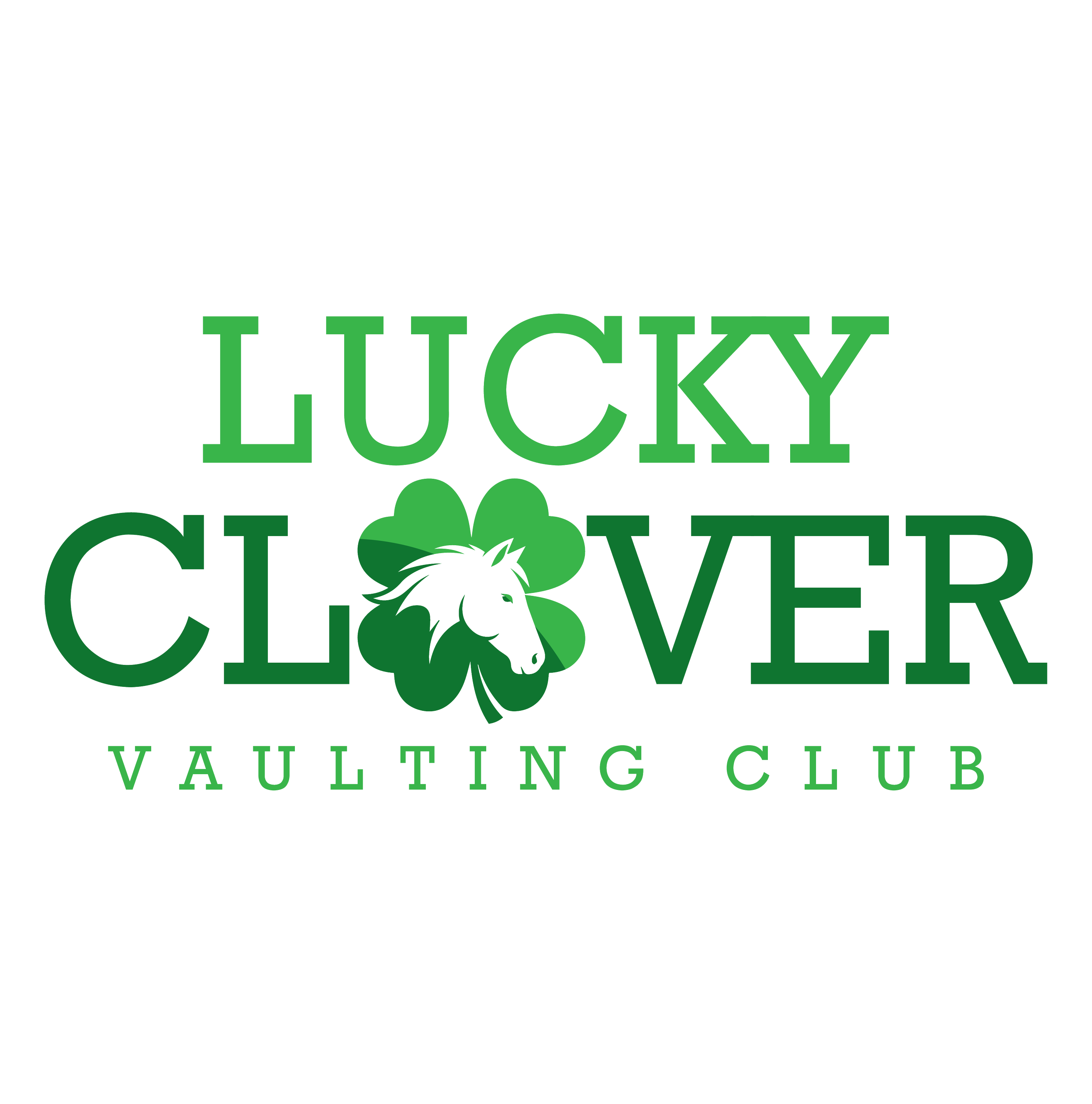 Logo for Lucky Clover Vaulting Club with green text and a four-leaf clover with a horse's head silhouette in the center.
