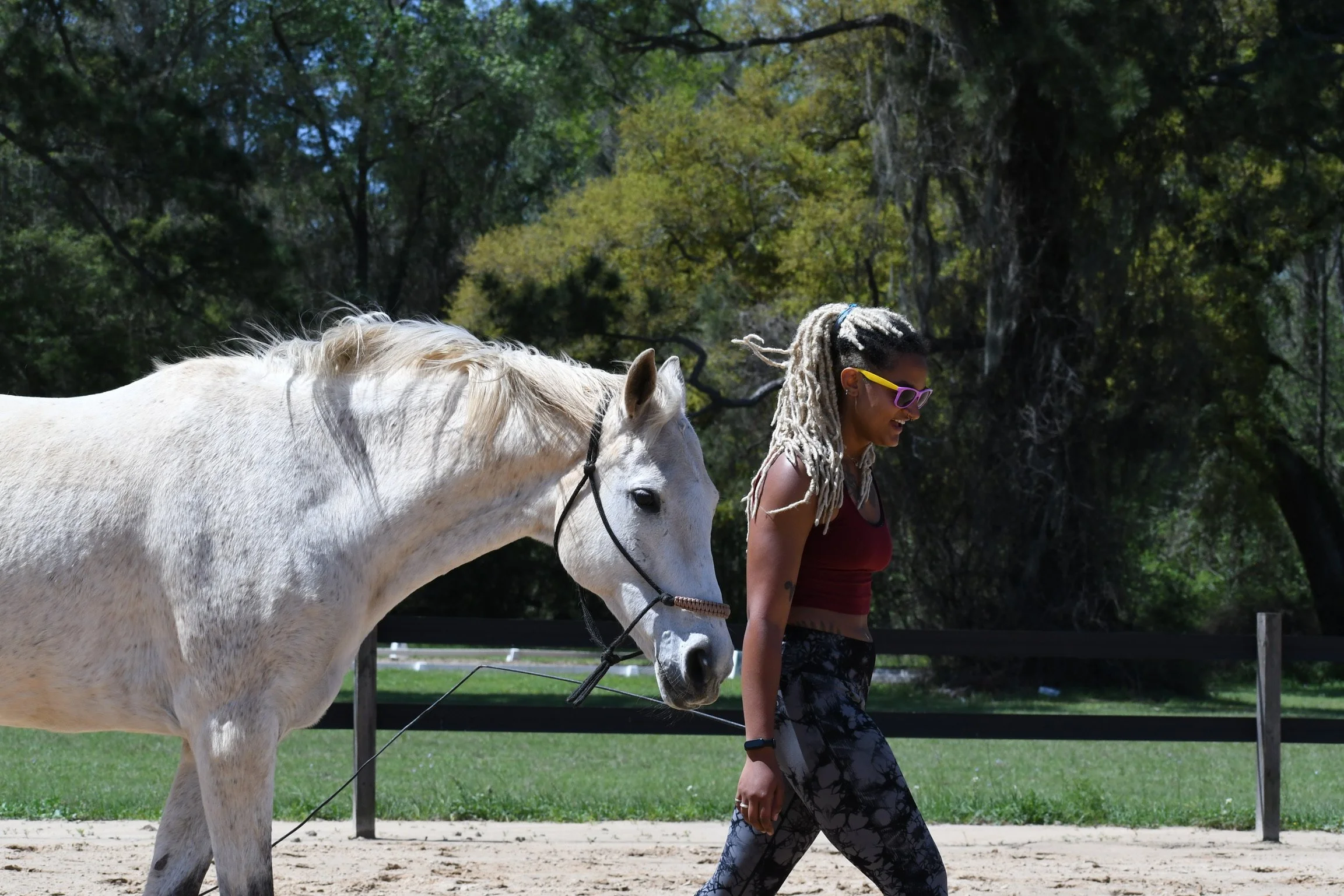 A woman with dreadlocks, rainbow-colored sunglasses, a red crop top, and patterned pants walking beside a white horse on a dirt path in a park with trees in the background.