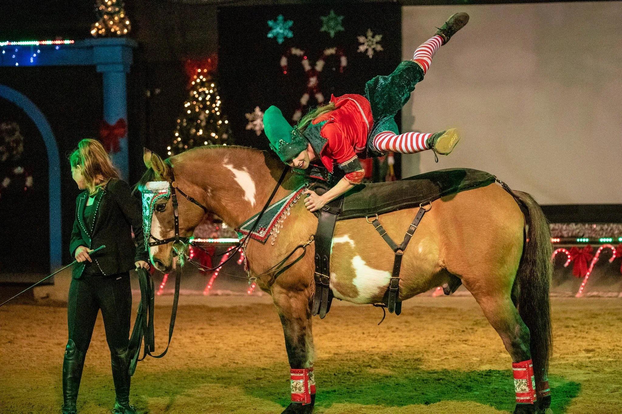 A person dressed as an elf riding a horse during a Christmas-themed event, with a handler standing nearby, decorated Christmas trees and holiday decorations in the background.
