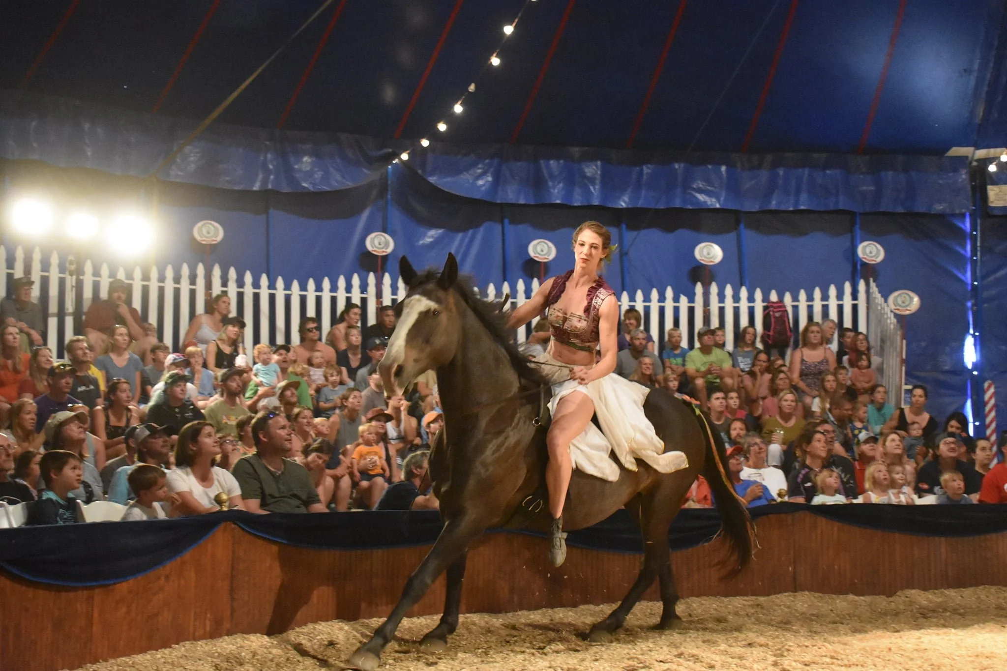 A woman riding a horse during a circus performance inside a ring, with an audience seated behind a white picket fence, in a large tent decorated with lights.
