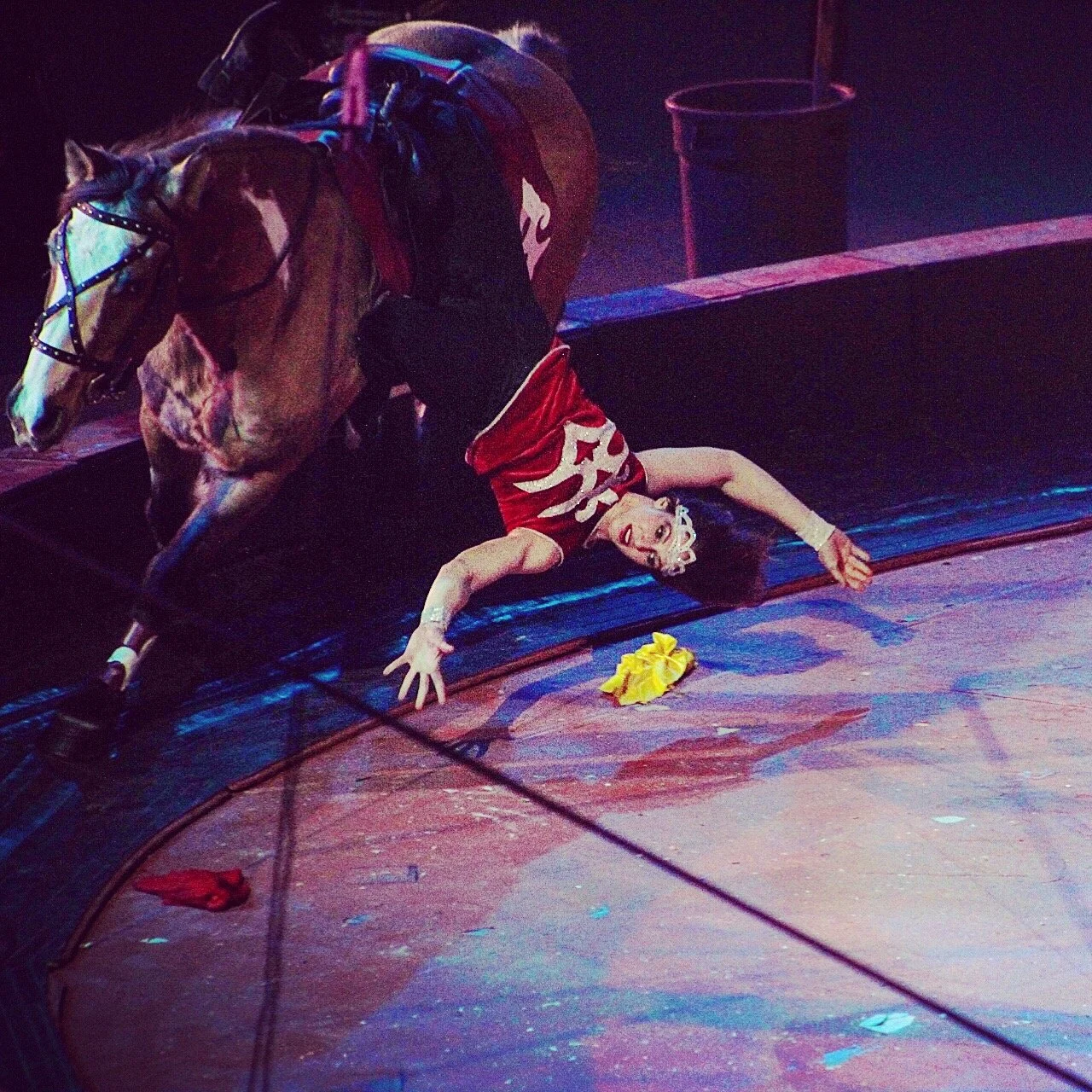 A circus performer dressed in a red costume with white decorative designs lying on the floor, appearing to have fallen, with a horse standing nearby on a dark stage.